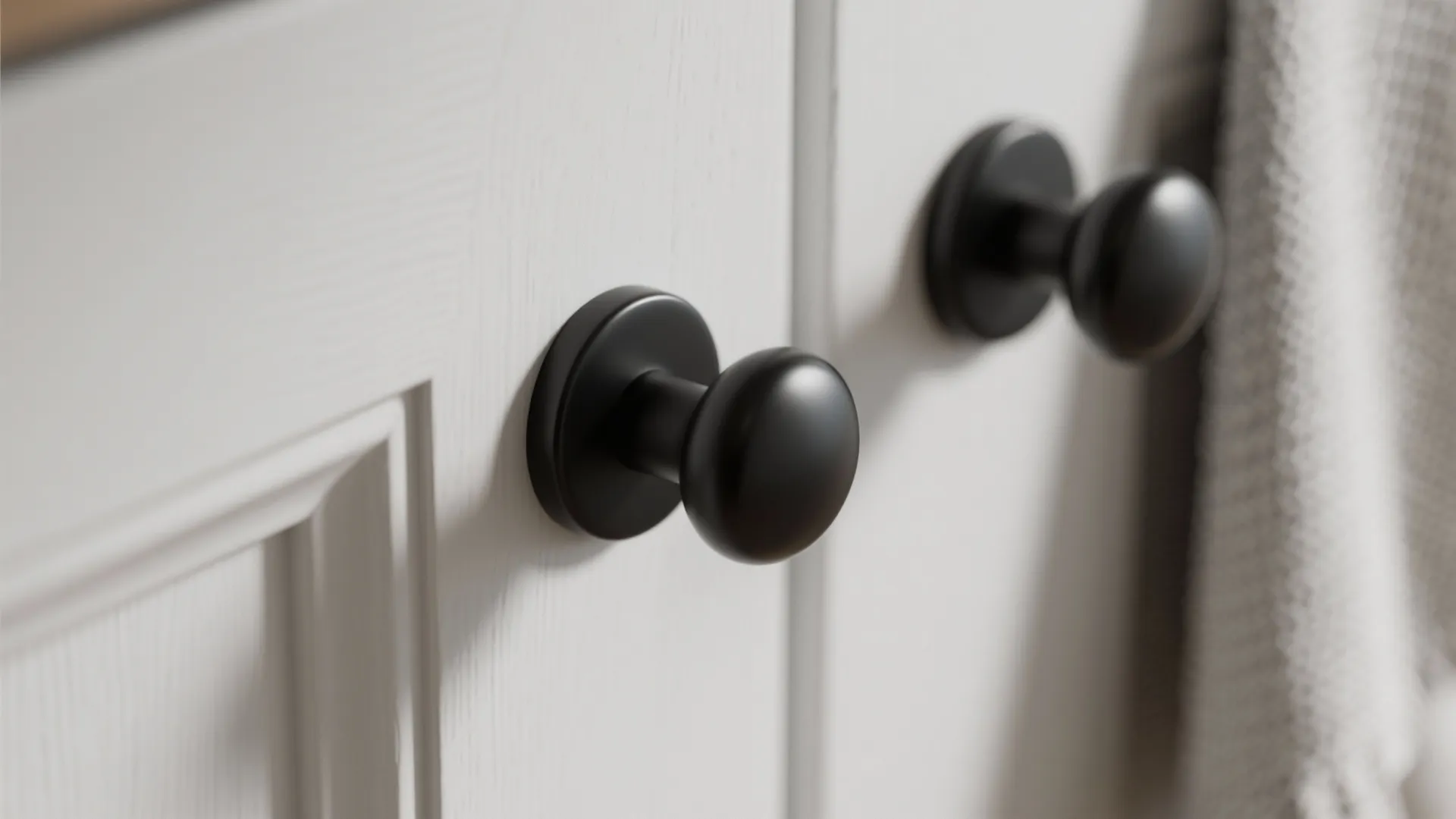 1. Matte black pulls on white shaker cabinets
