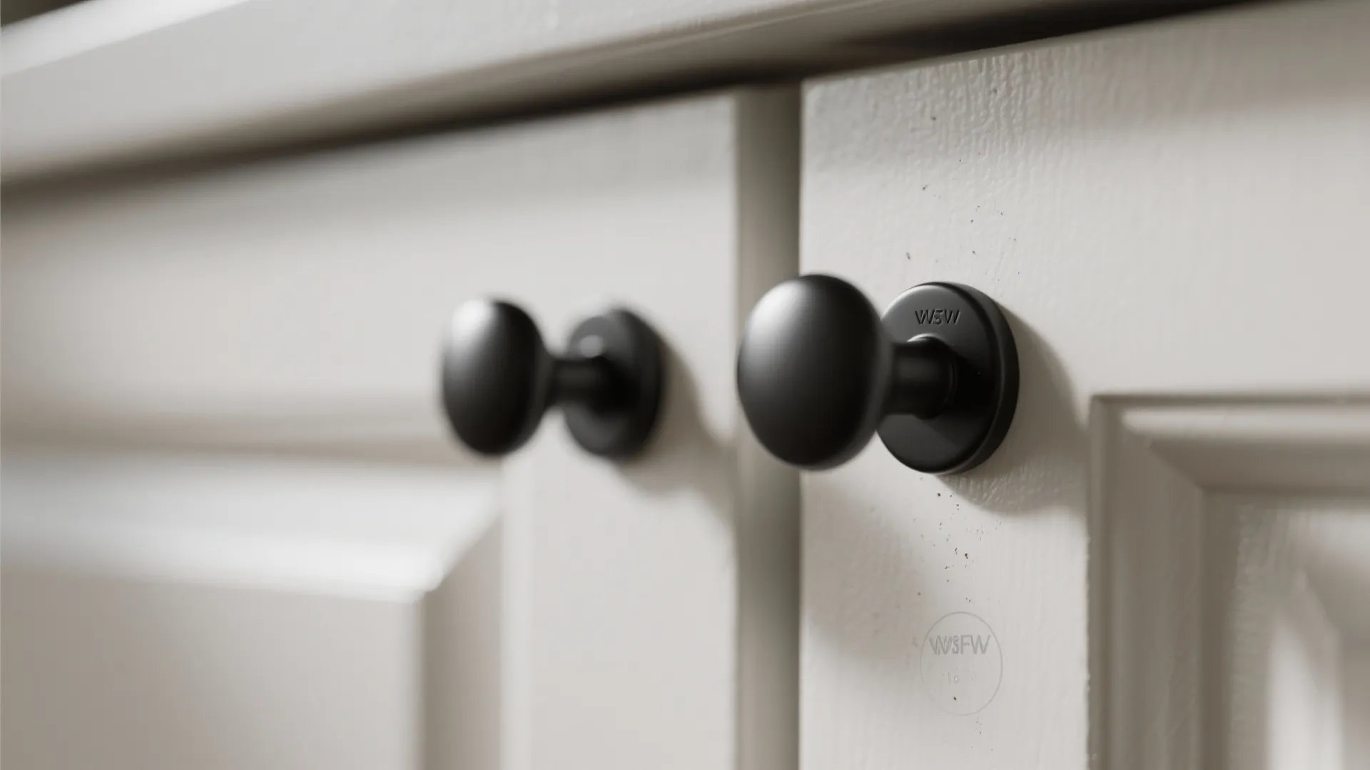 Close up shot of two round matte black door knobs on white kitchen cabinet doors
