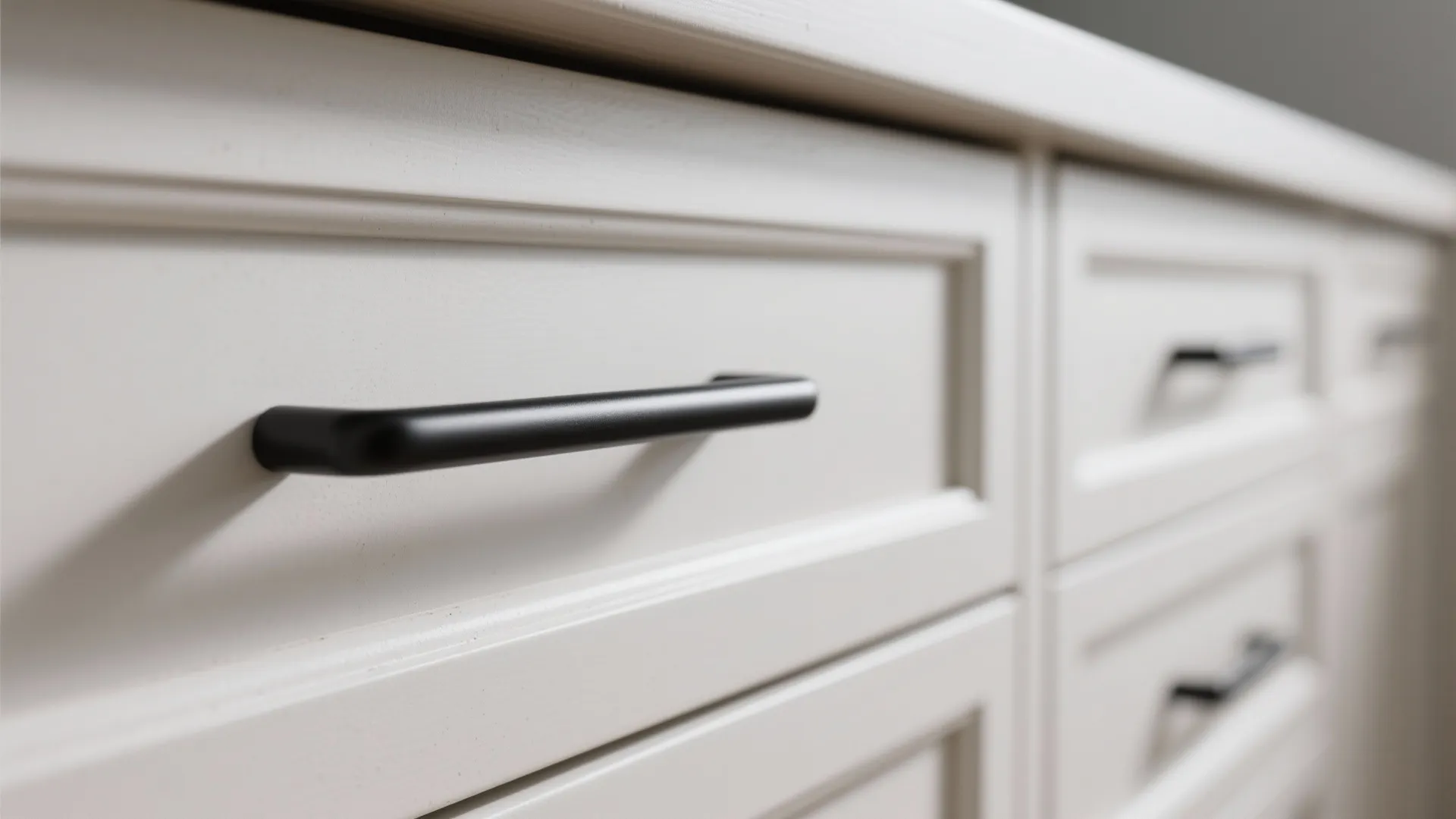 Close up of matte black door handles installed on modern white wooden cabinet drawer units
