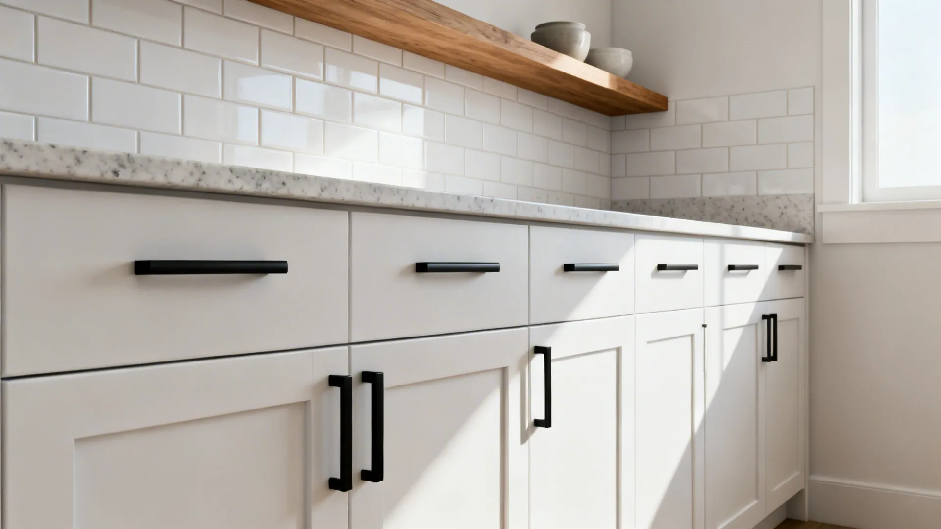 White shaker cabinets with slim matte black pulls creating crisp modern contrast.