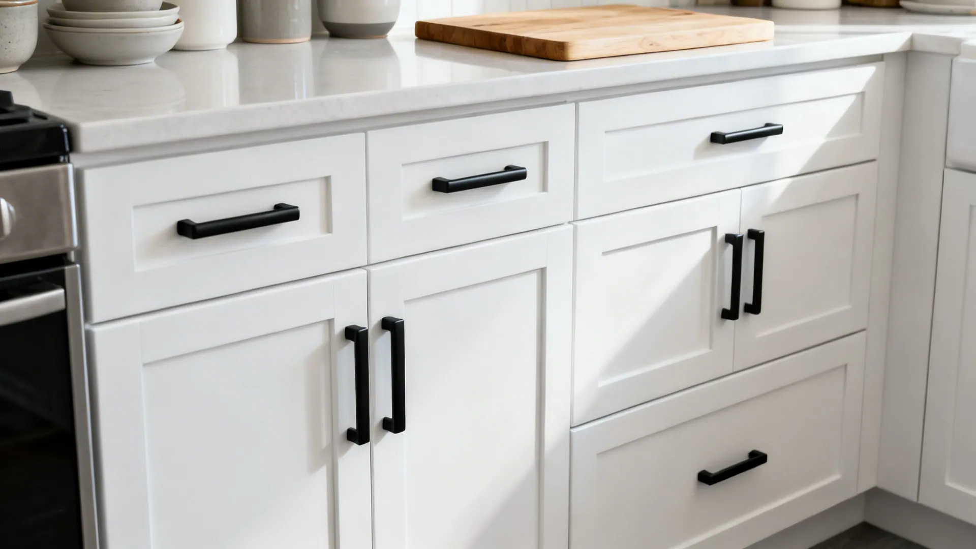 White shaker cabinets with slim matte black bar pulls creating bold contrast.