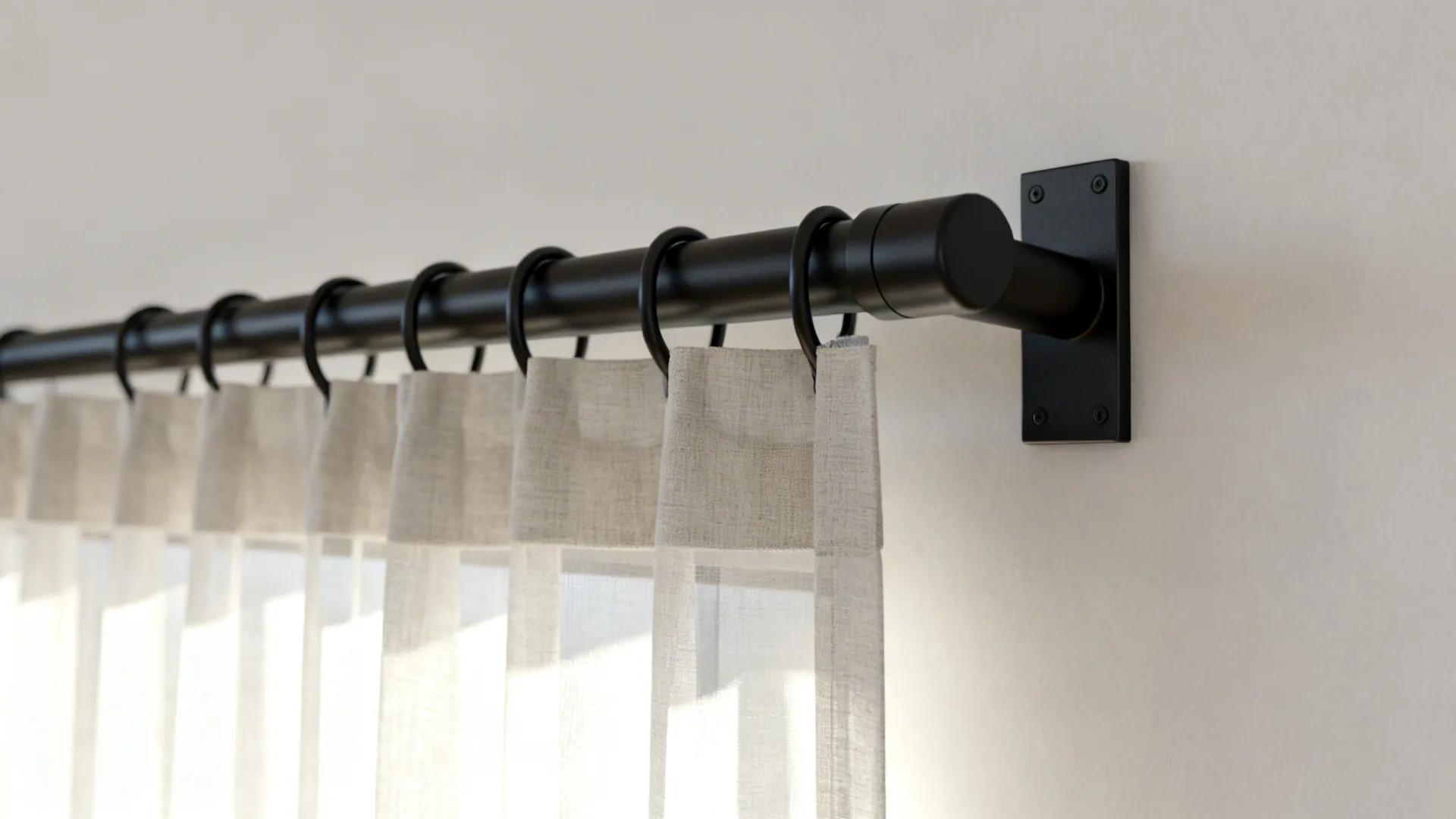 Macro view of a slim matte black curtain rod and linen sheer curtain on a light wall.