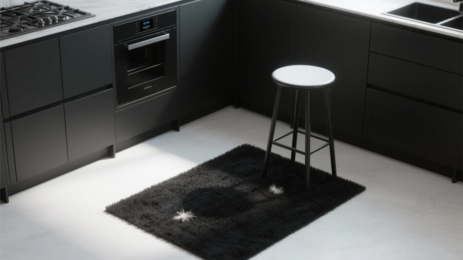 Modern black kitchen cabinets with fluffy black rug on white floor and small metal stool