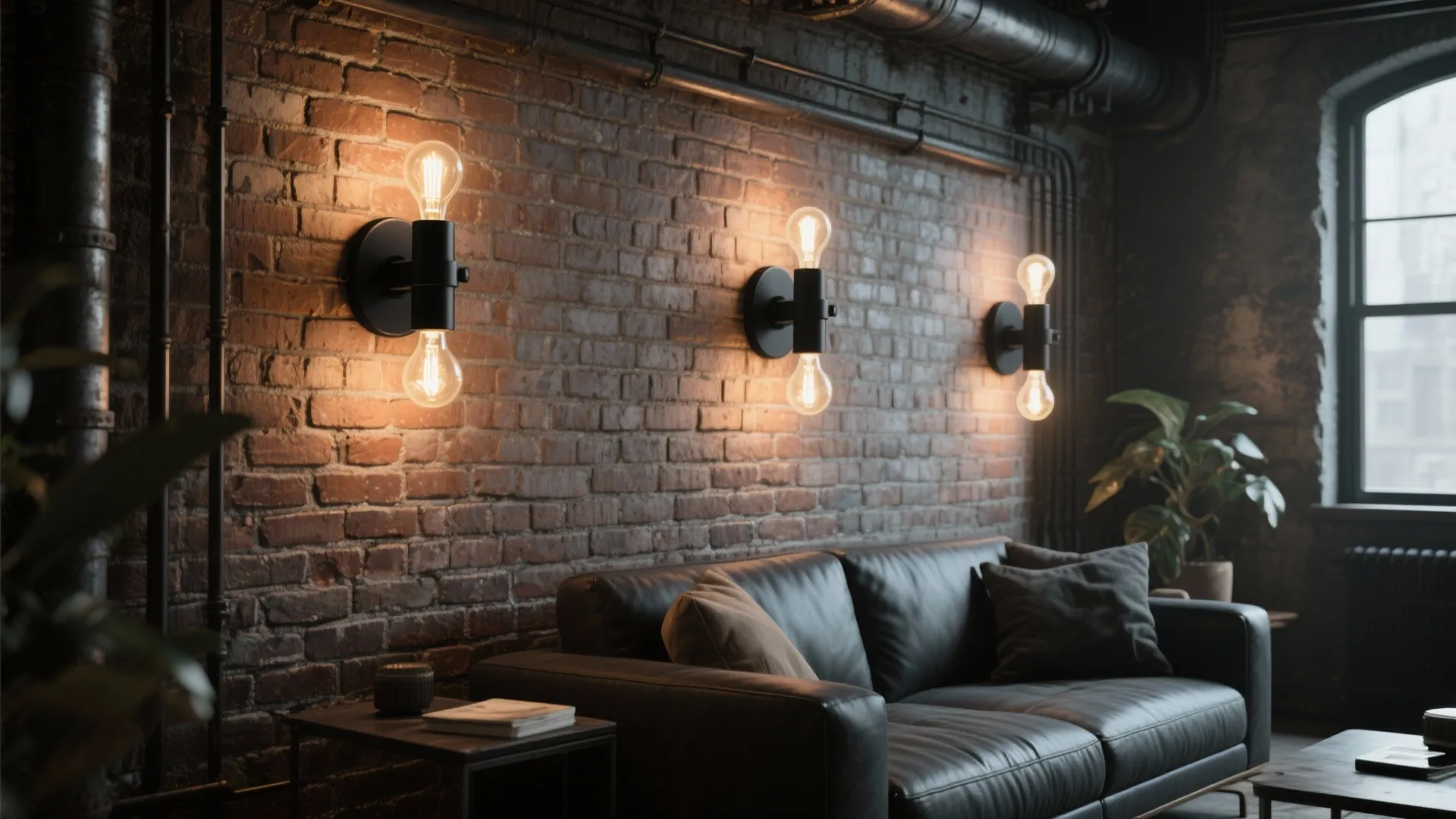 Industrial living room with black leather sofa exposed brick wall and three black wall lights