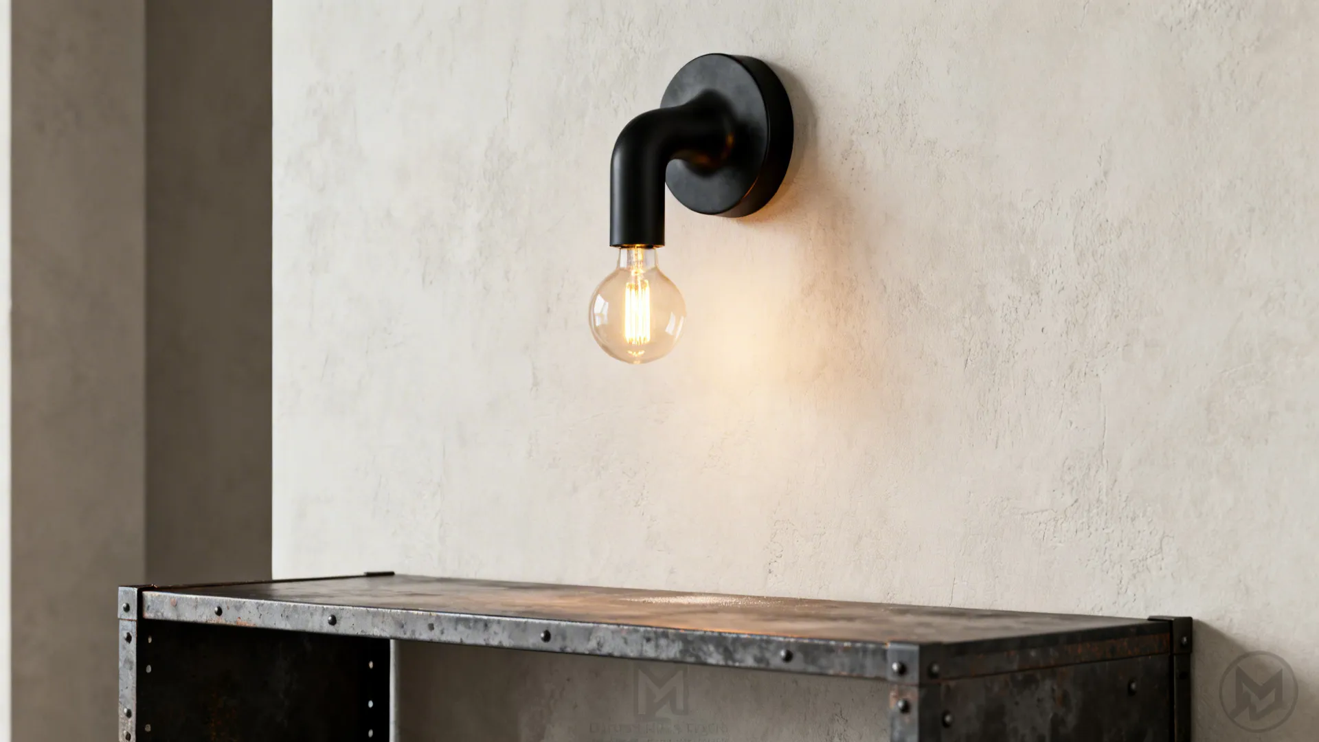 Matte black sculptural wall sconce creating architectural contrast on a pale wall.
