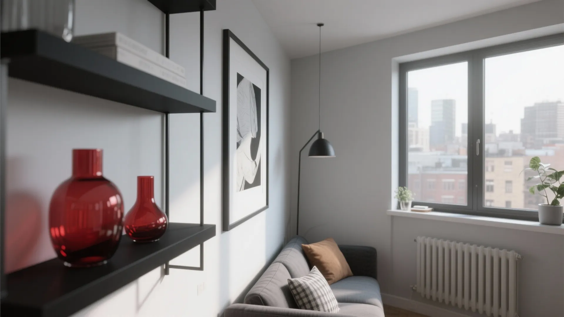 Matte black wall shelves with red glass vases next to a sofa and large window