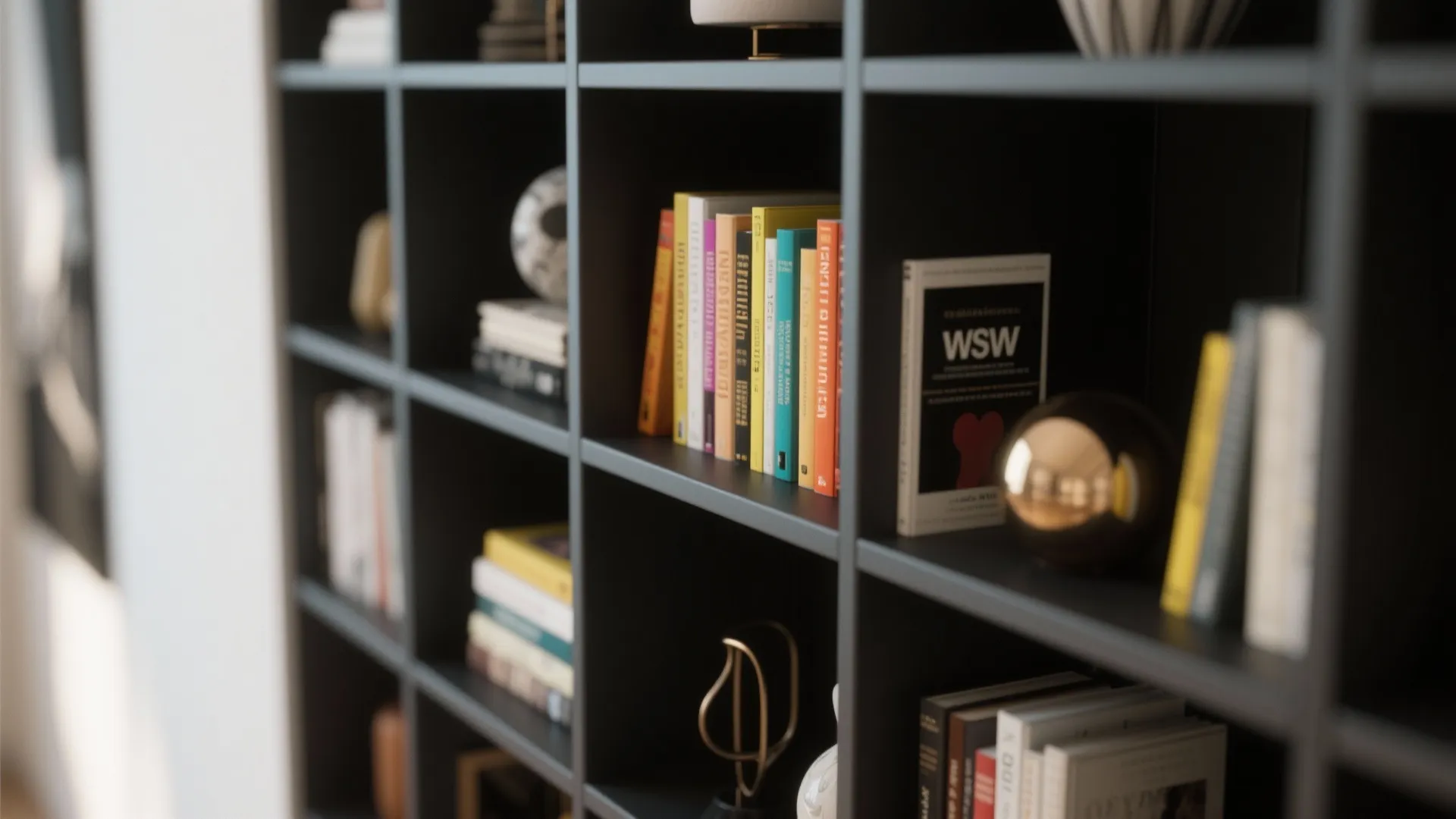 Matte black bookshelf with colorful books and gold round decoration in a modern interior design