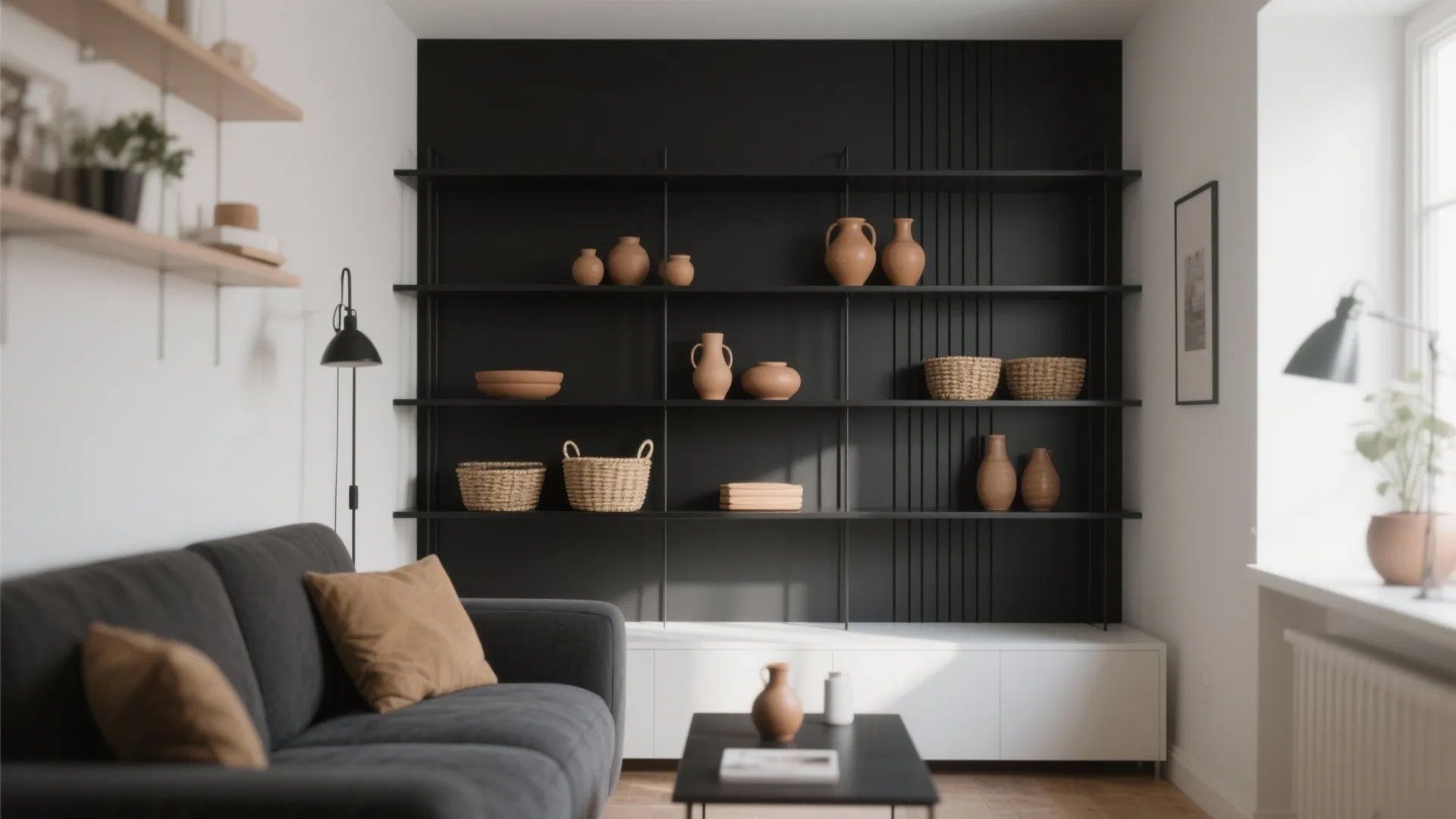 Living room with black wall shelving holding clay vases and baskets near a grey sofa
