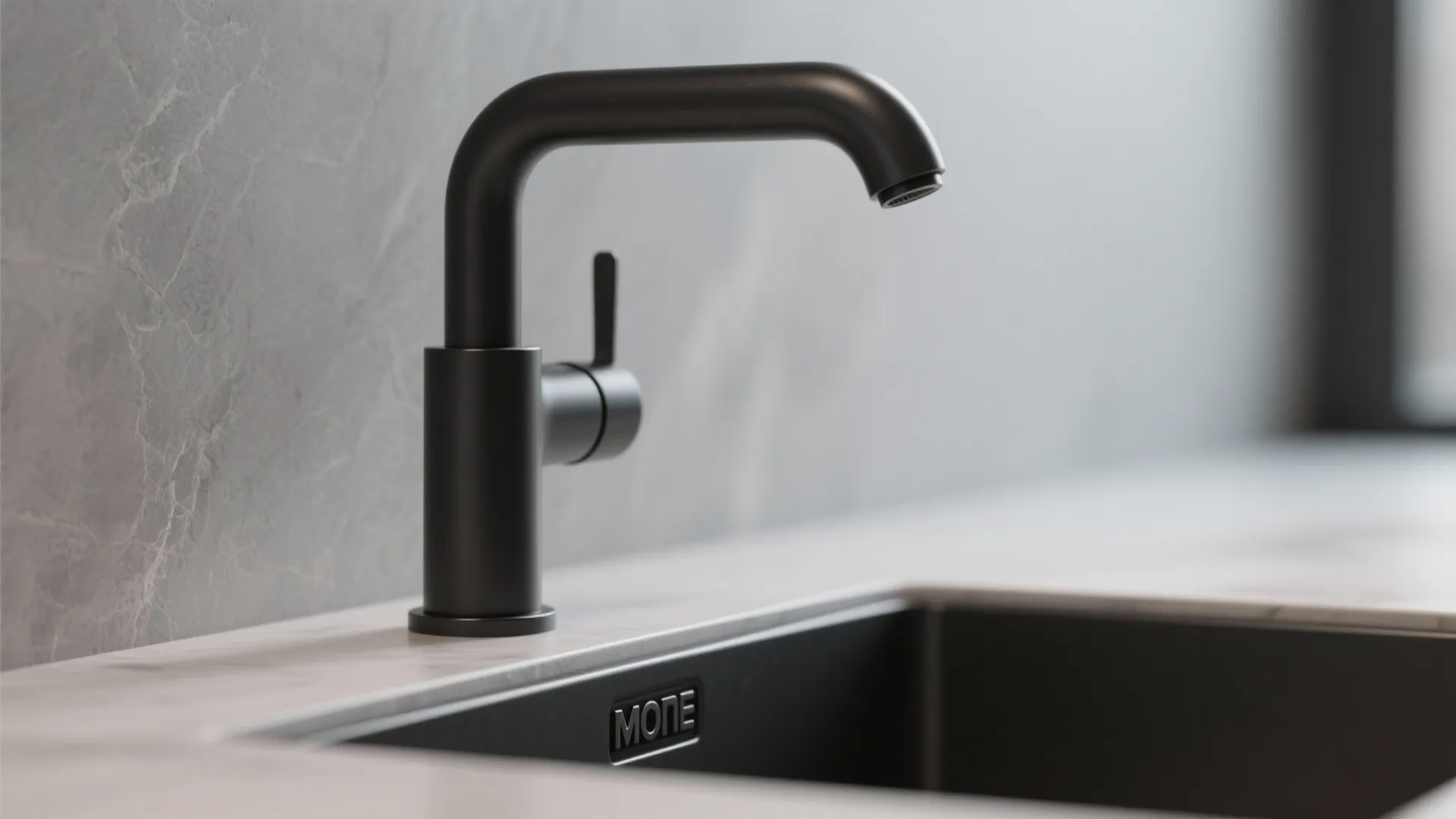 Modern matte black water tap installed on white marble countertop over a dark kitchen sink