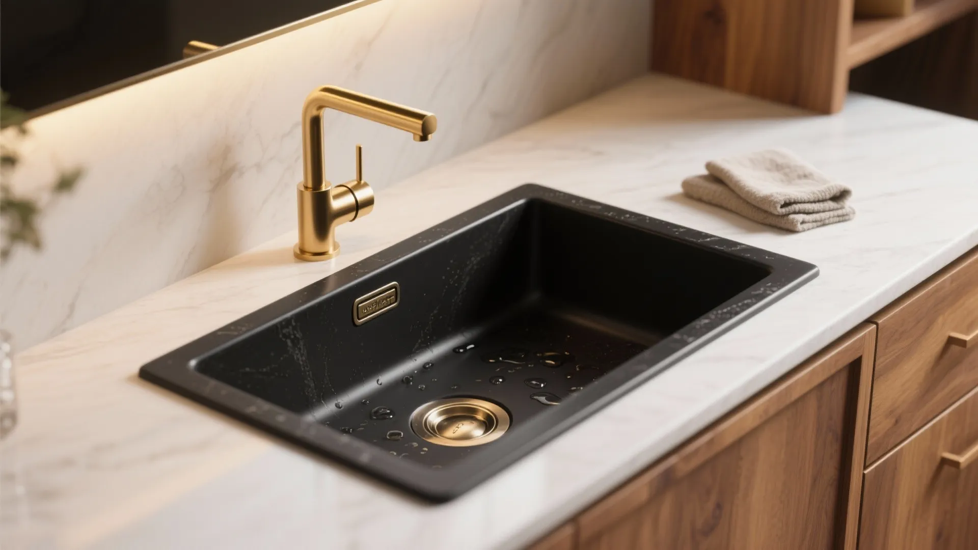 Close-up of a matte black composite sink with a brass faucet and warm wood cabinets.