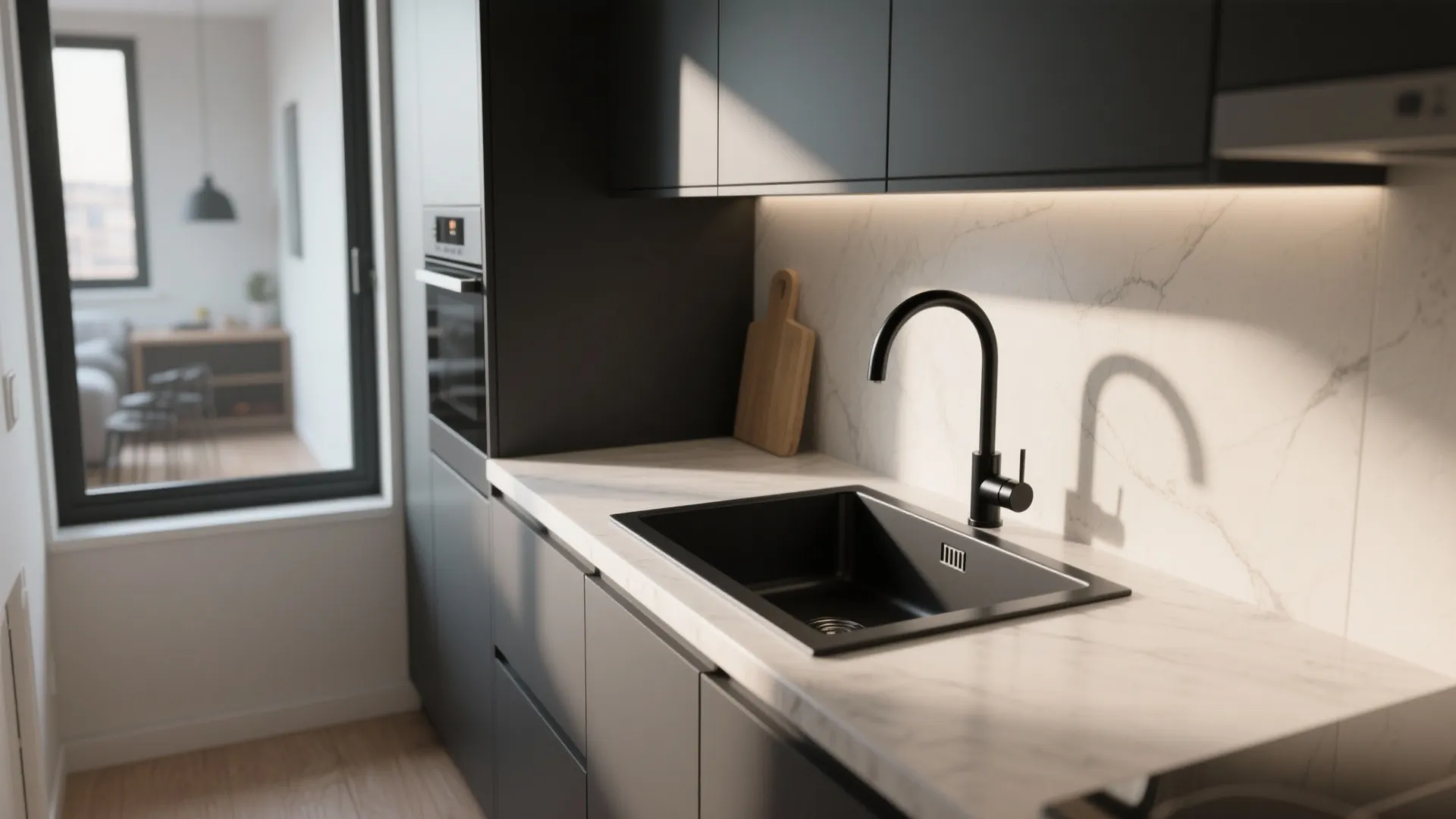 Modern matte black kitchen sink and faucet on white marble countertop with dark grey cabinets