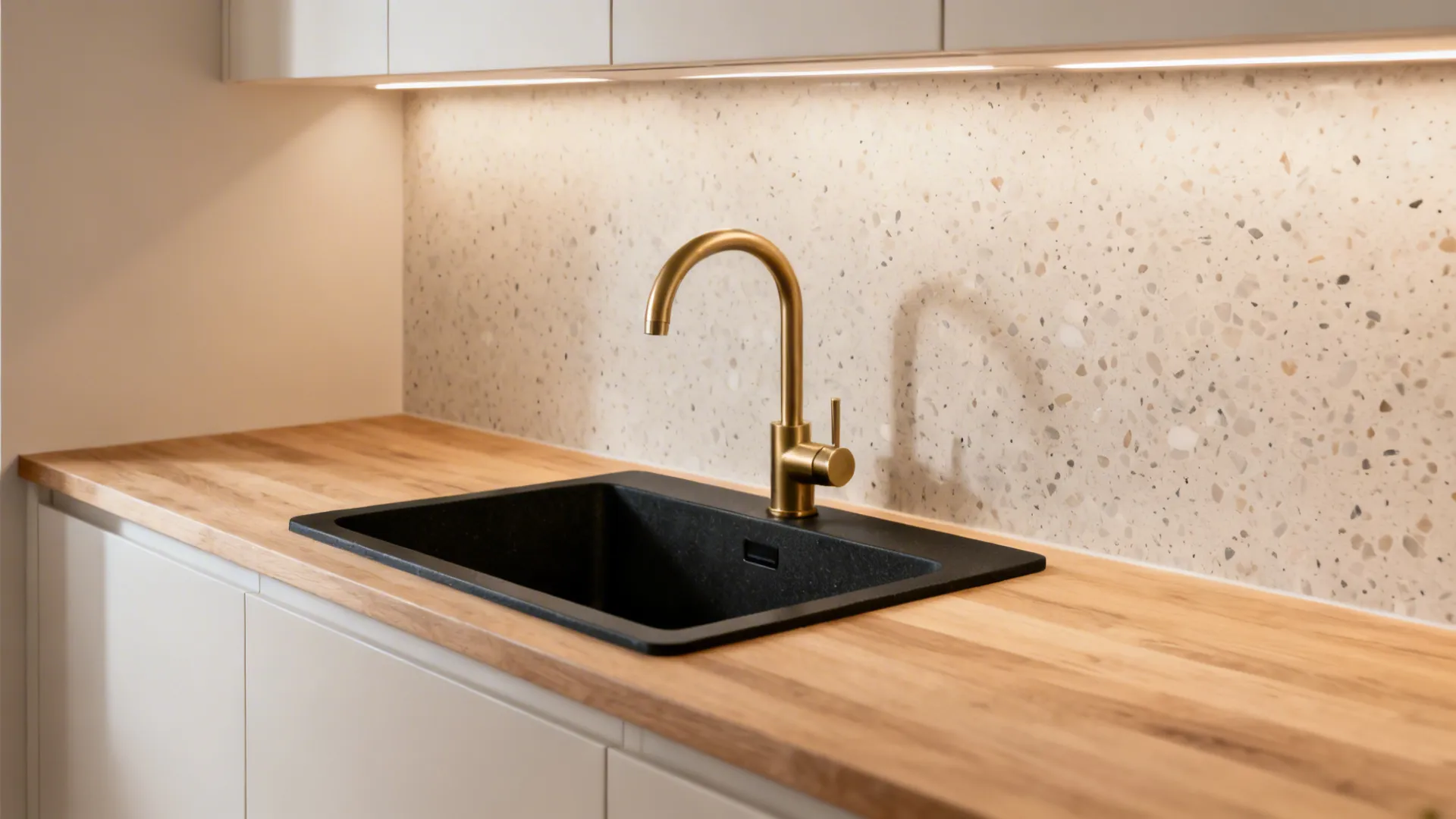 Matte black composite granite sink with a contrasting brushed faucet in a light wood kitchen.
