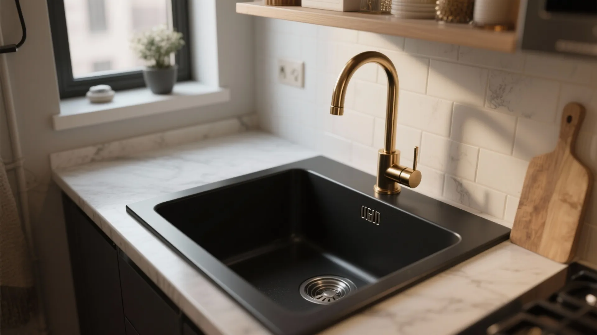 Tiny apartment kitchen with a matte black sink and brushed brass faucet creating high contrast.