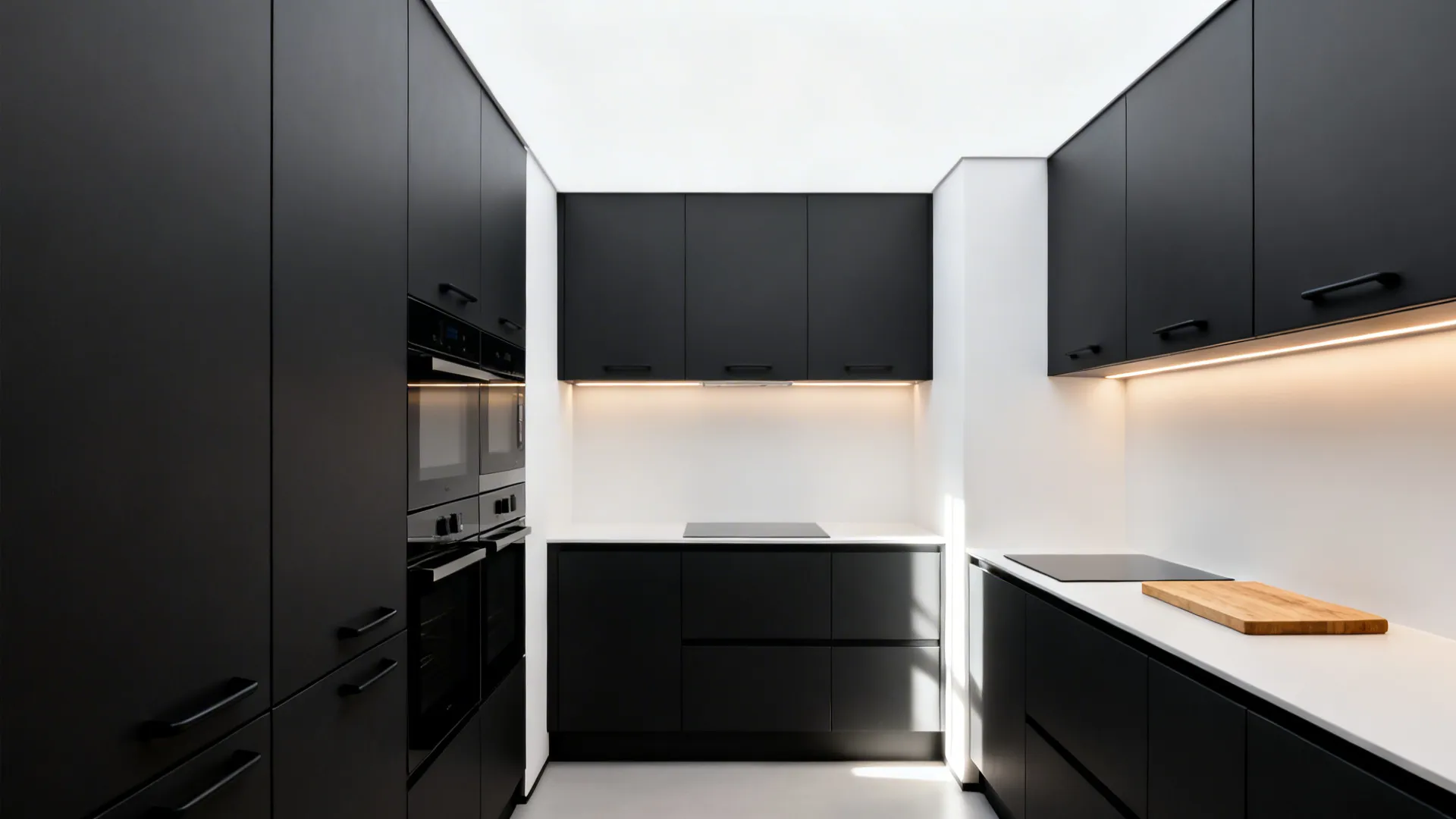 Minimal studio kitchen with matte black slab cabinets and finger pulls against bright white walls.