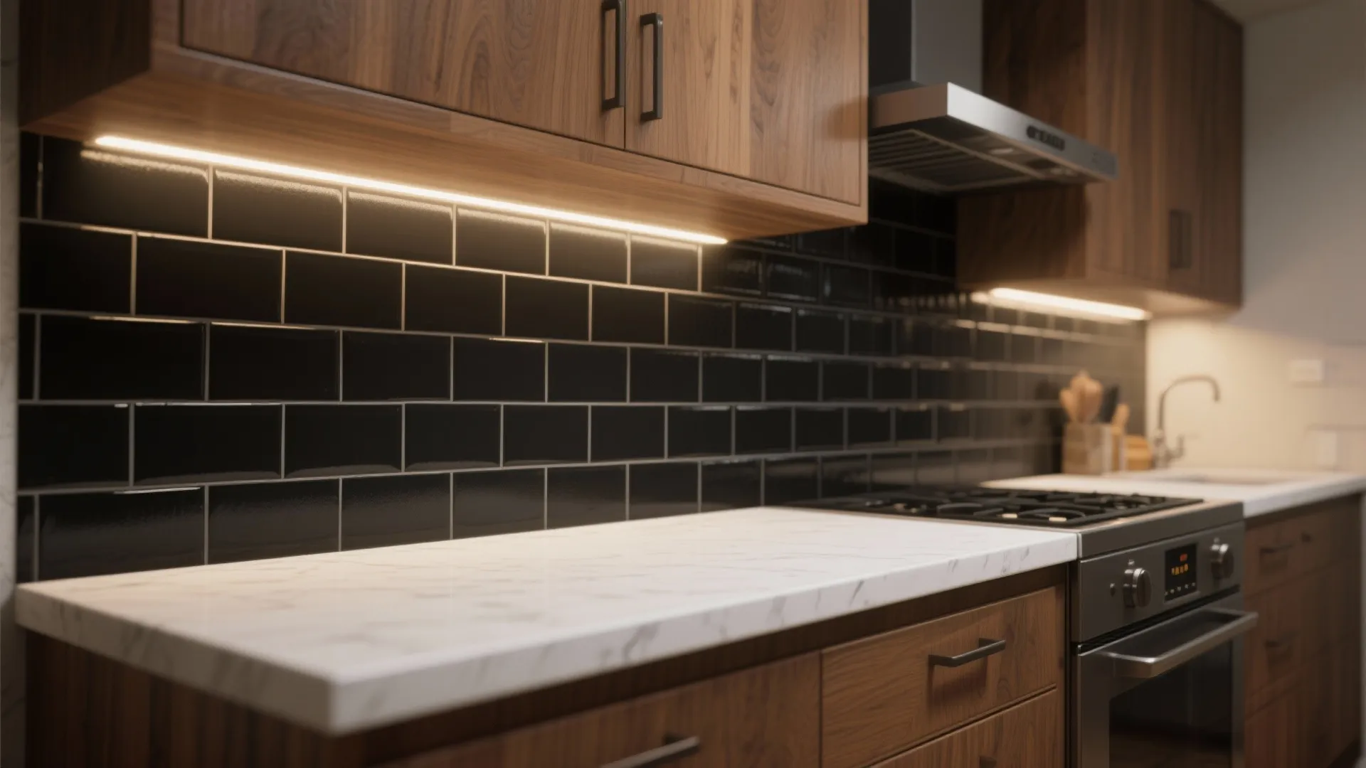 Galley kitchen with matte black subway tile backsplash and warm wood cabinets under LED lighting.