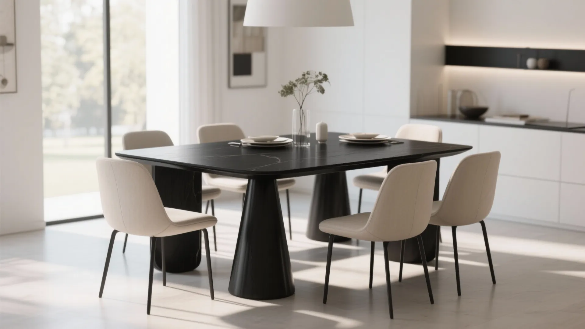 Modern dining room with black marble table beige chairs white ceiling light and bright natural light