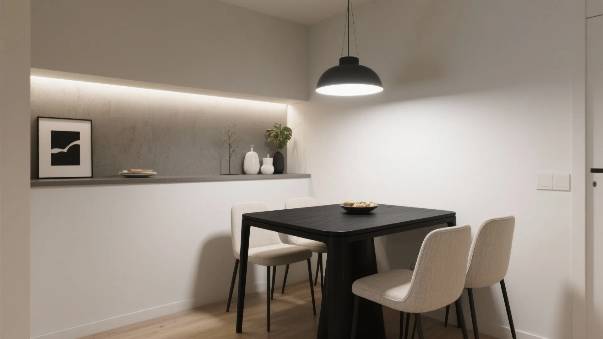Modern dining area featuring black wooden table beige chairs black ceiling light and white walls