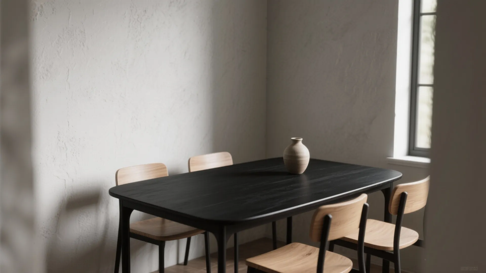 Modern black wood dining table with four wooden chairs and a beige vase near windows