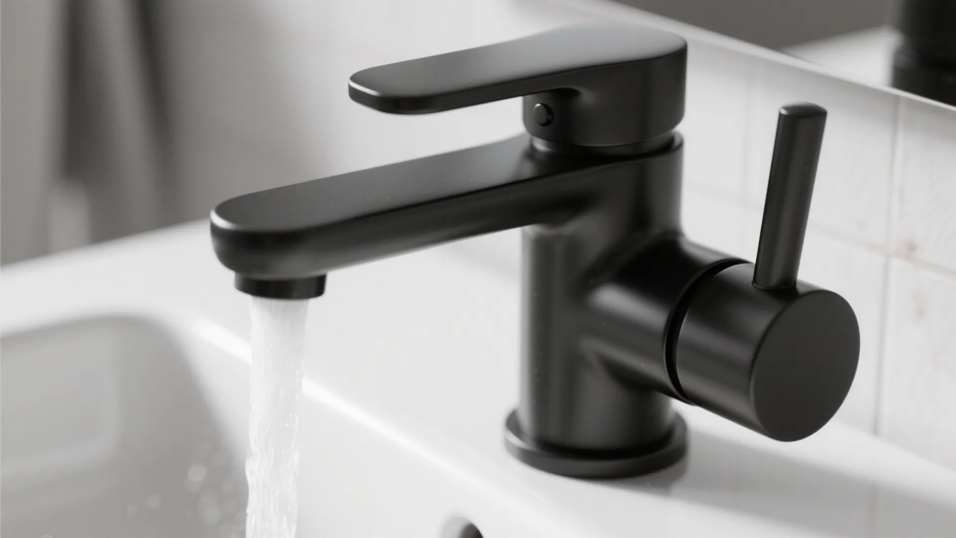 Modern matte black sink faucet with running water into a white washbasin in bathroom setting
