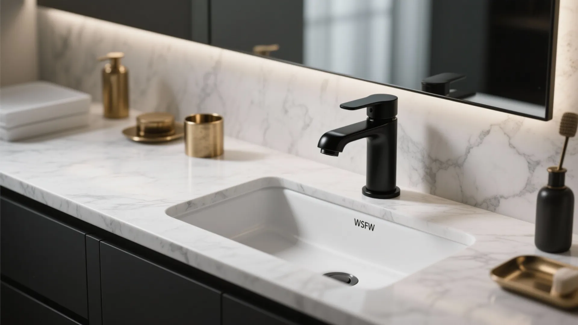 Modern bathroom with a matte black water tap installed on a white marble stone countertop
