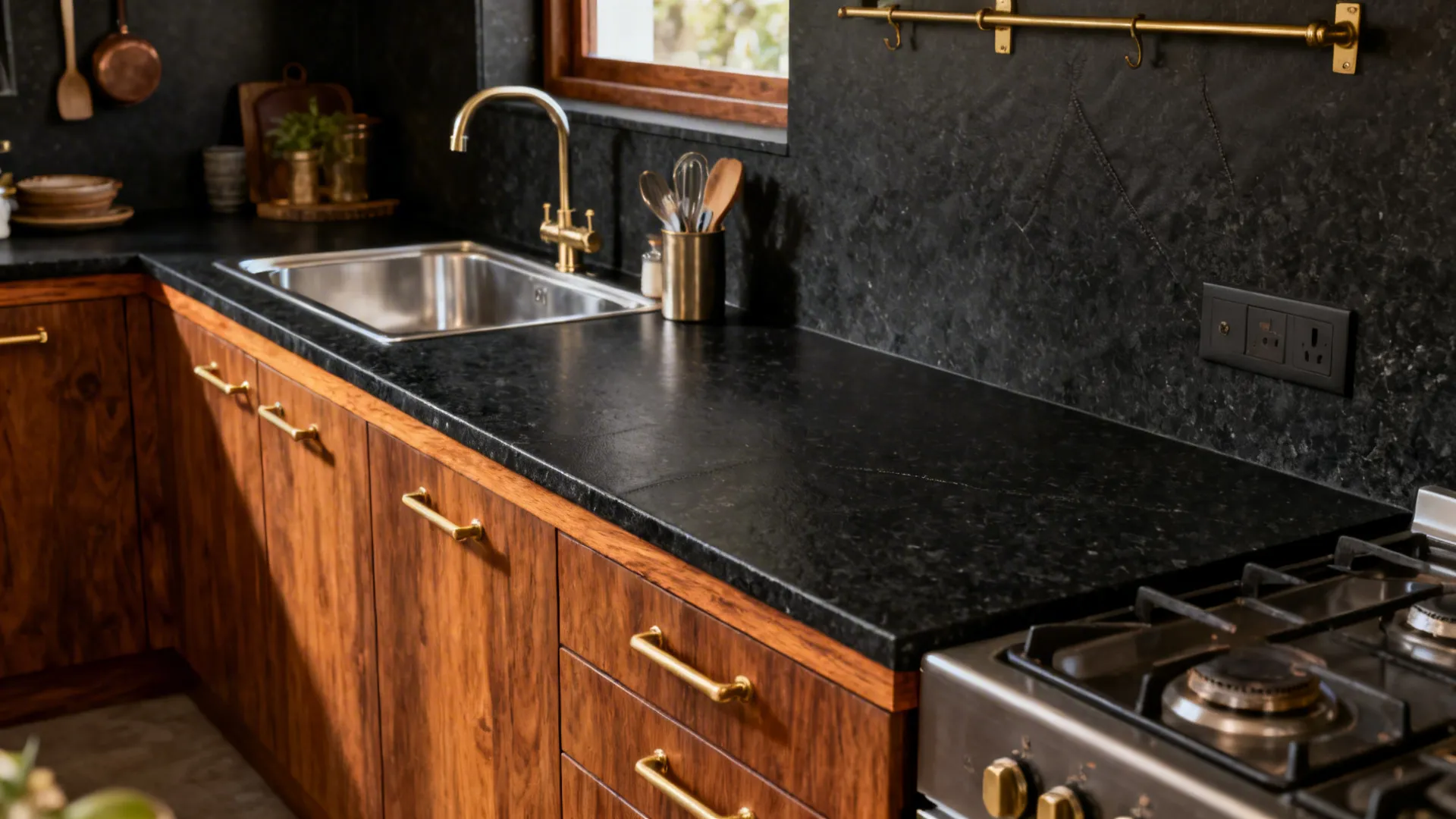 Matte black granite counters with teak accents and brass hardware in a compact Mumbai kitchen.