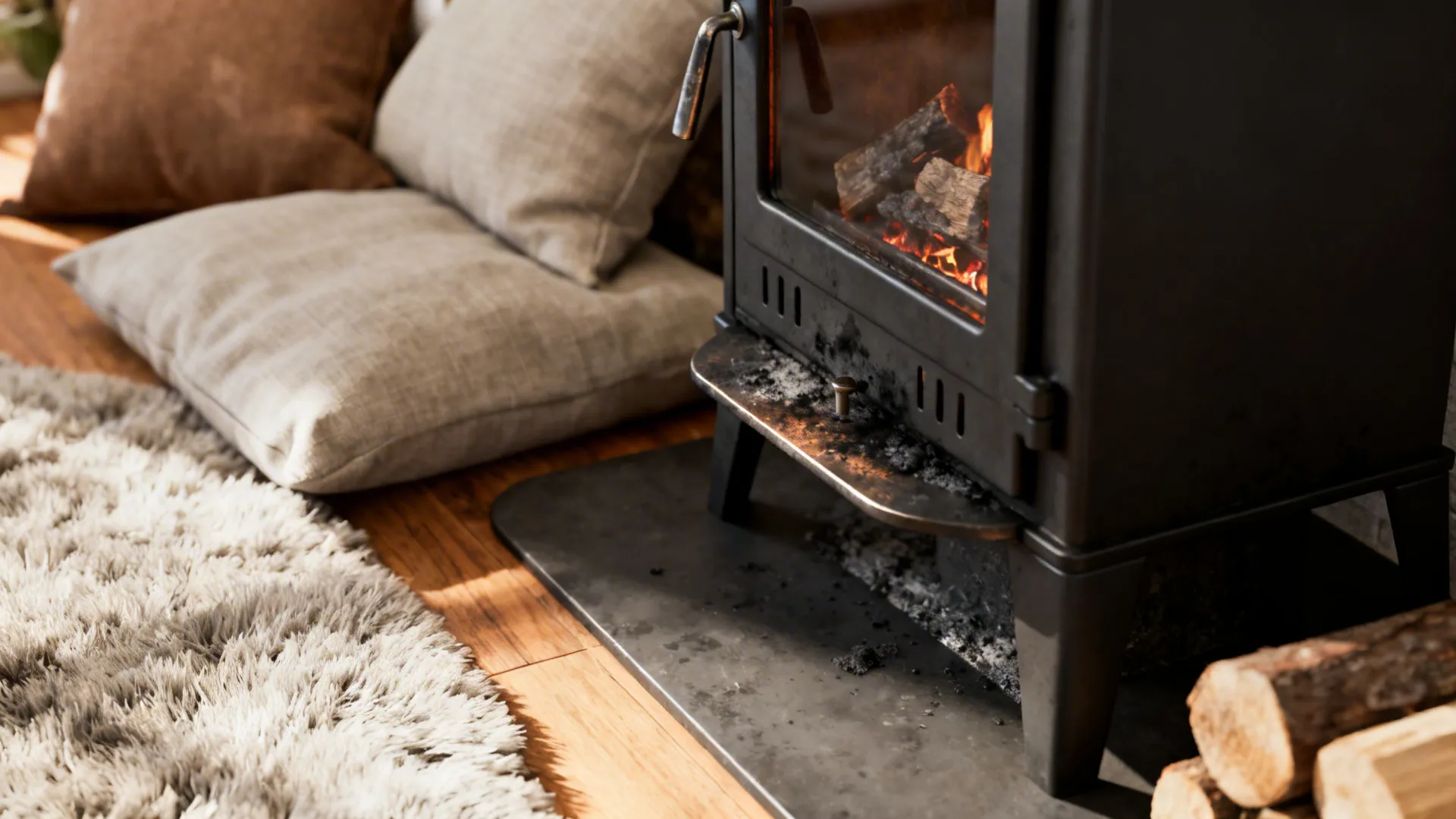 Matte-black wood burner contrasted against soft neutral textiles and a plush rug.
