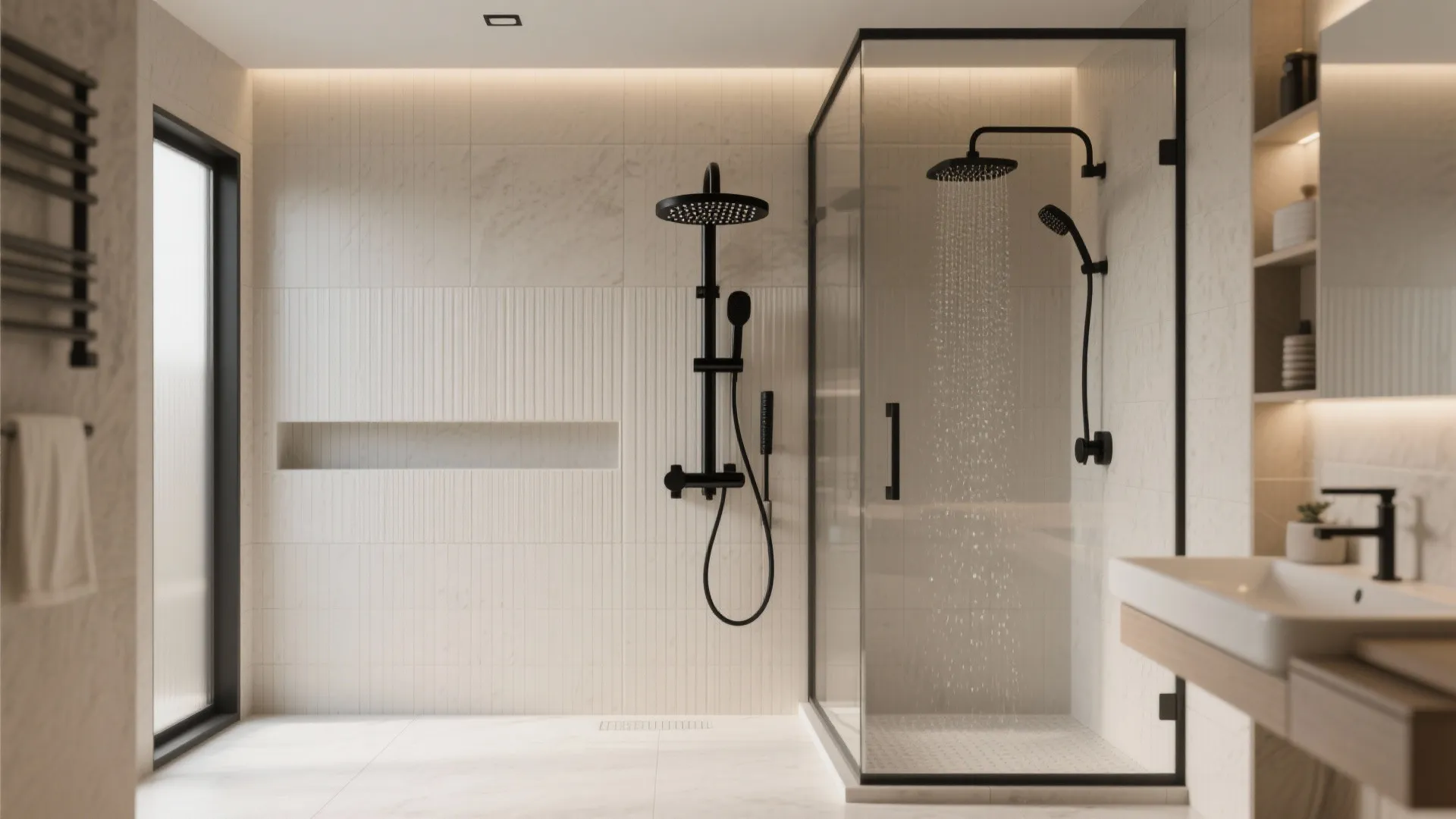 Shower with matte black fixtures against a ribbed porcelain feature wall and neutral field tiles.