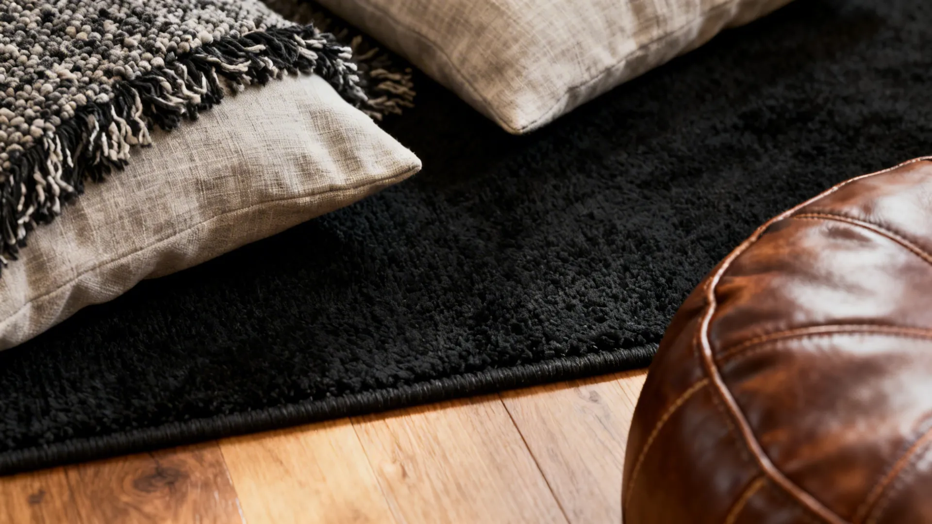 Close-up of matte black rug with boucle throw, linen pillow, and leather pouf showing texture contrast