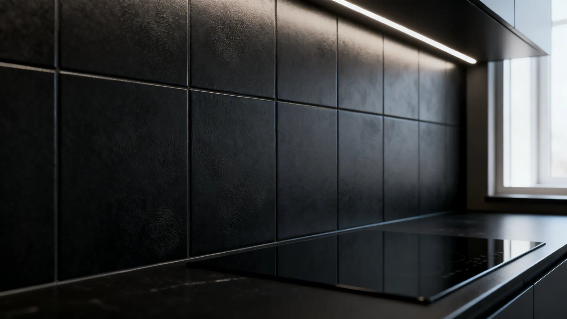 Matte black tile backsplash with textured surface above a matching black countertop.