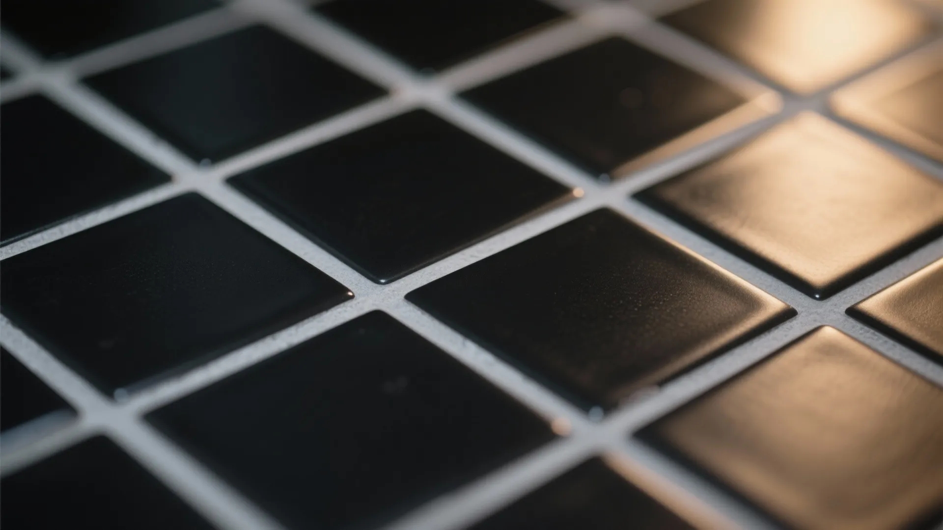 Macro view of square matte black floor tiles with white grout under warm indoor lighting effects