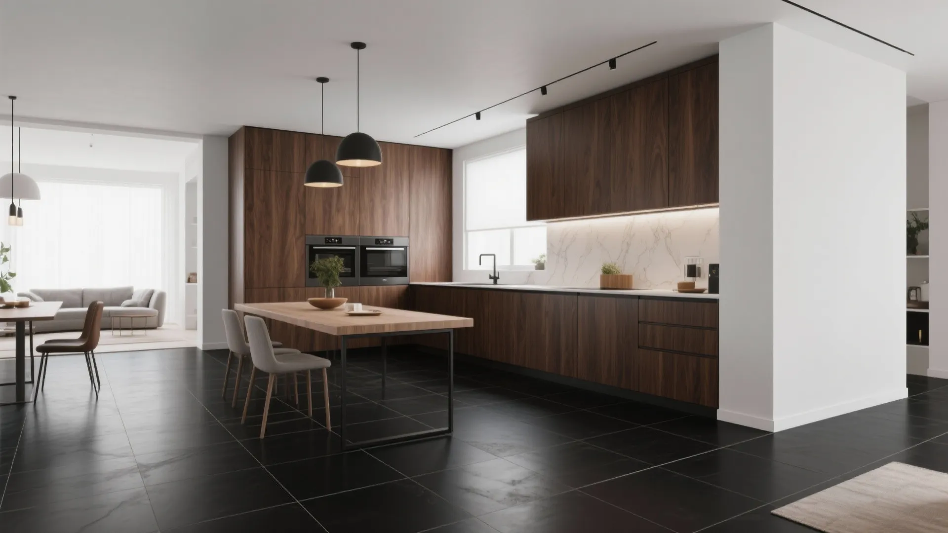 Modern kitchen with dark wood cabinets black floor tiles wooden dining table and two lights