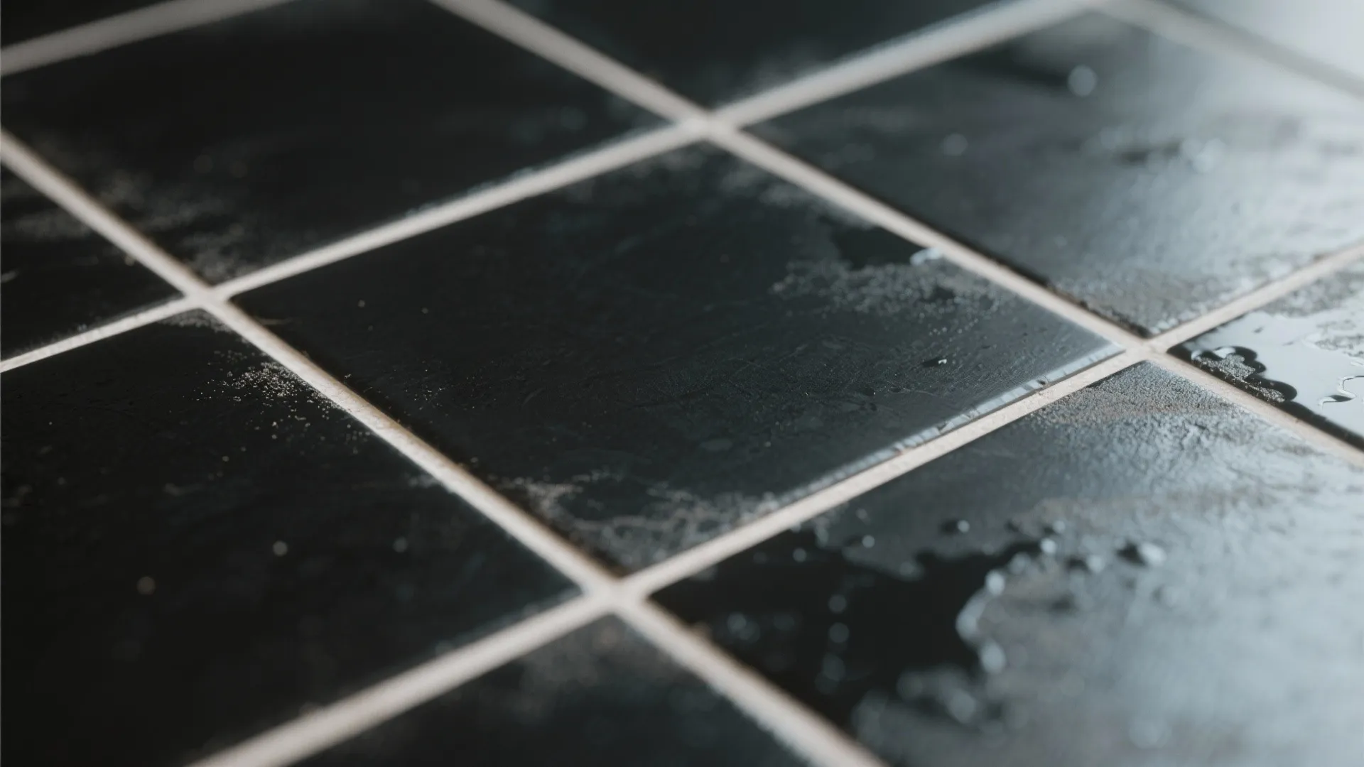 Close up of black square floor tiles with white grout lines and some wet water spots