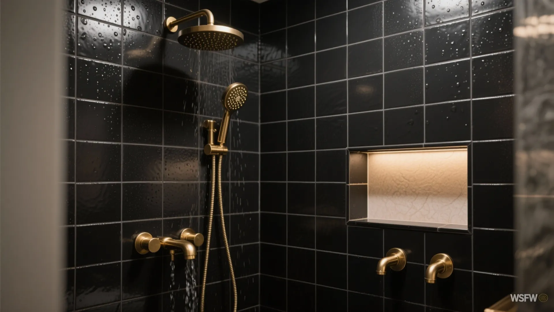1. Matte Black Tiles with Brushed Gold Fixtures