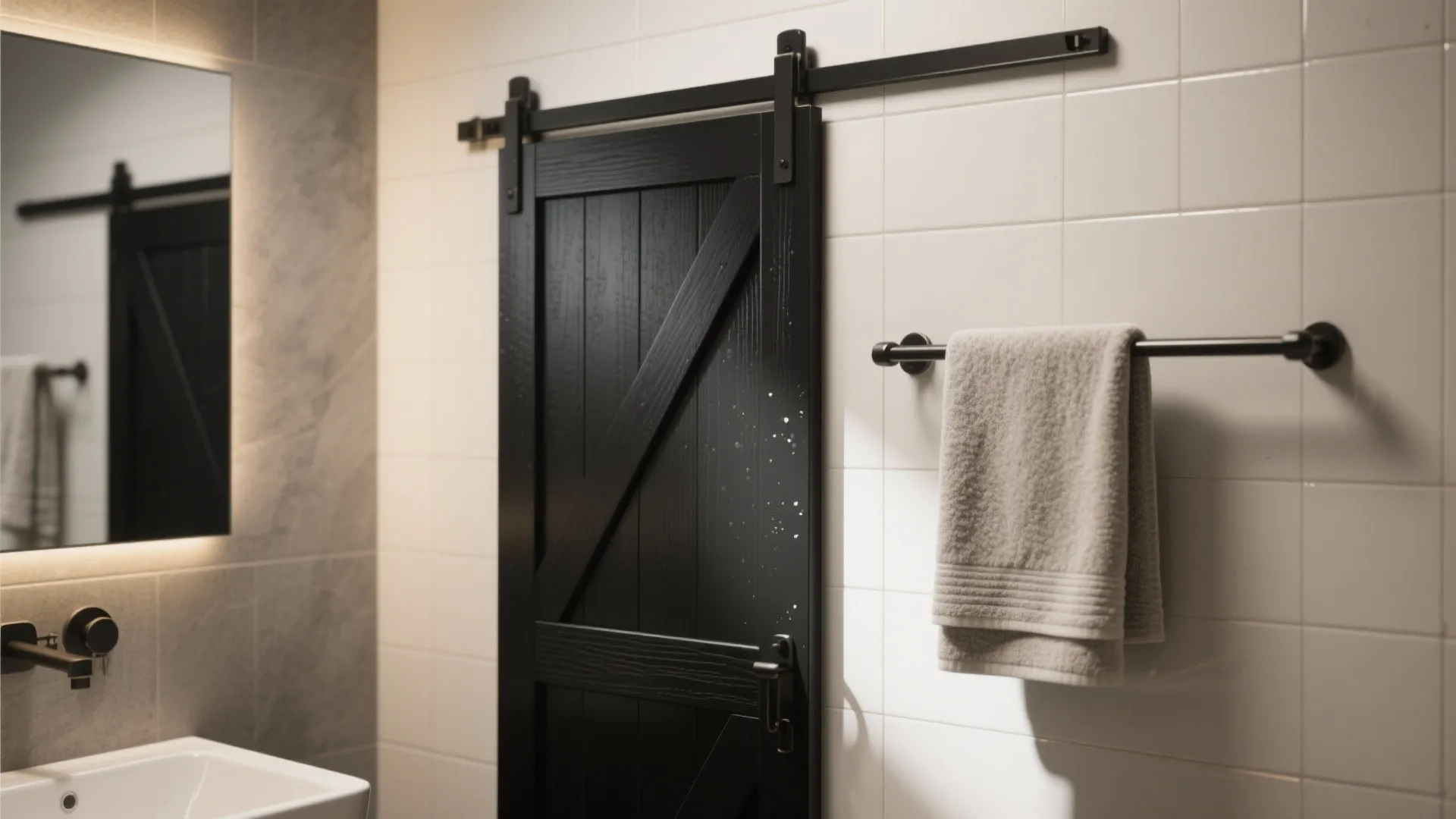 Modern bathroom interior featuring black sliding barn door white tiled wall and black towel bar
