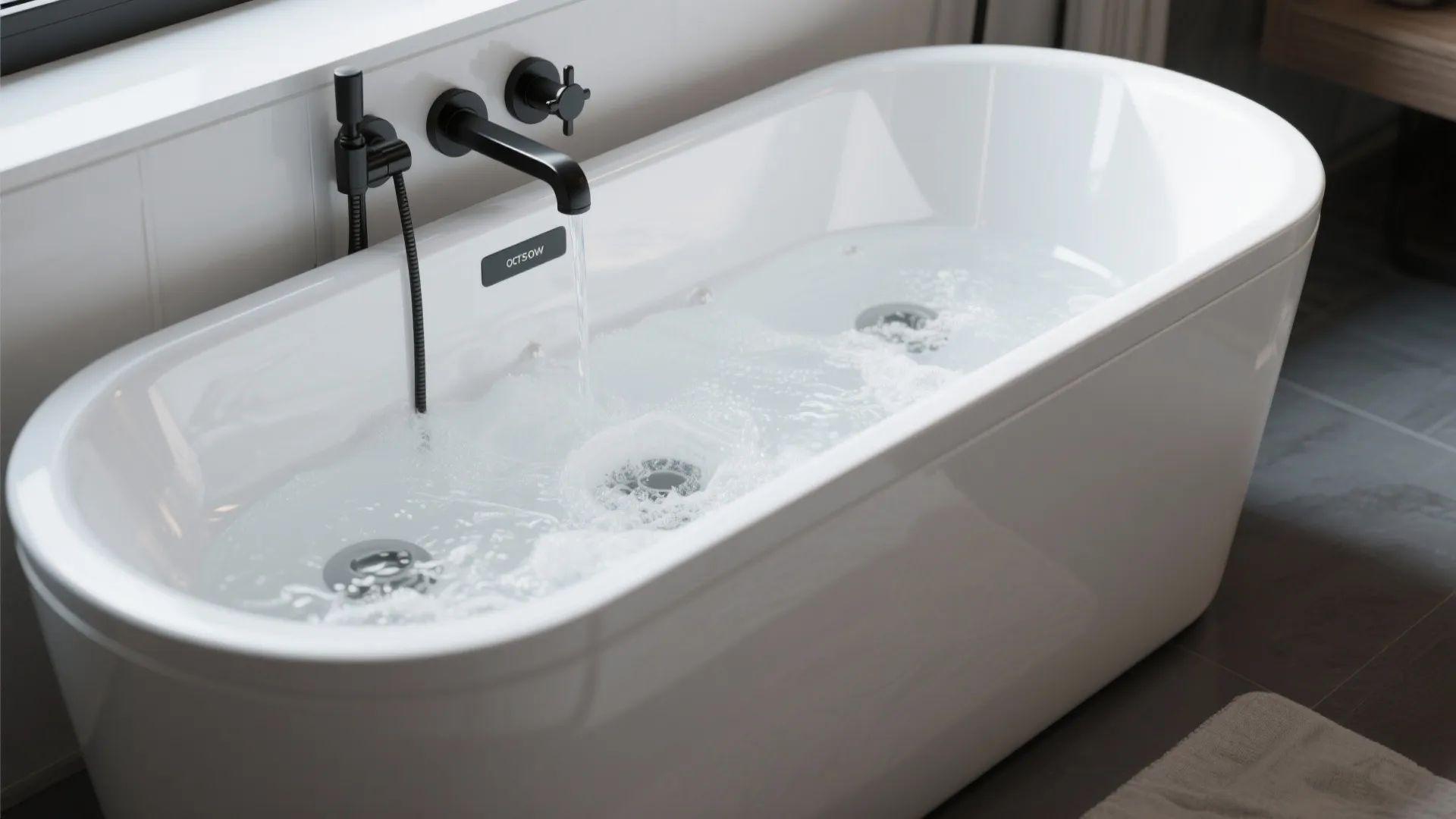 White freestanding bathtub with a matte black wall mounted faucet and hand shower in bathroom
