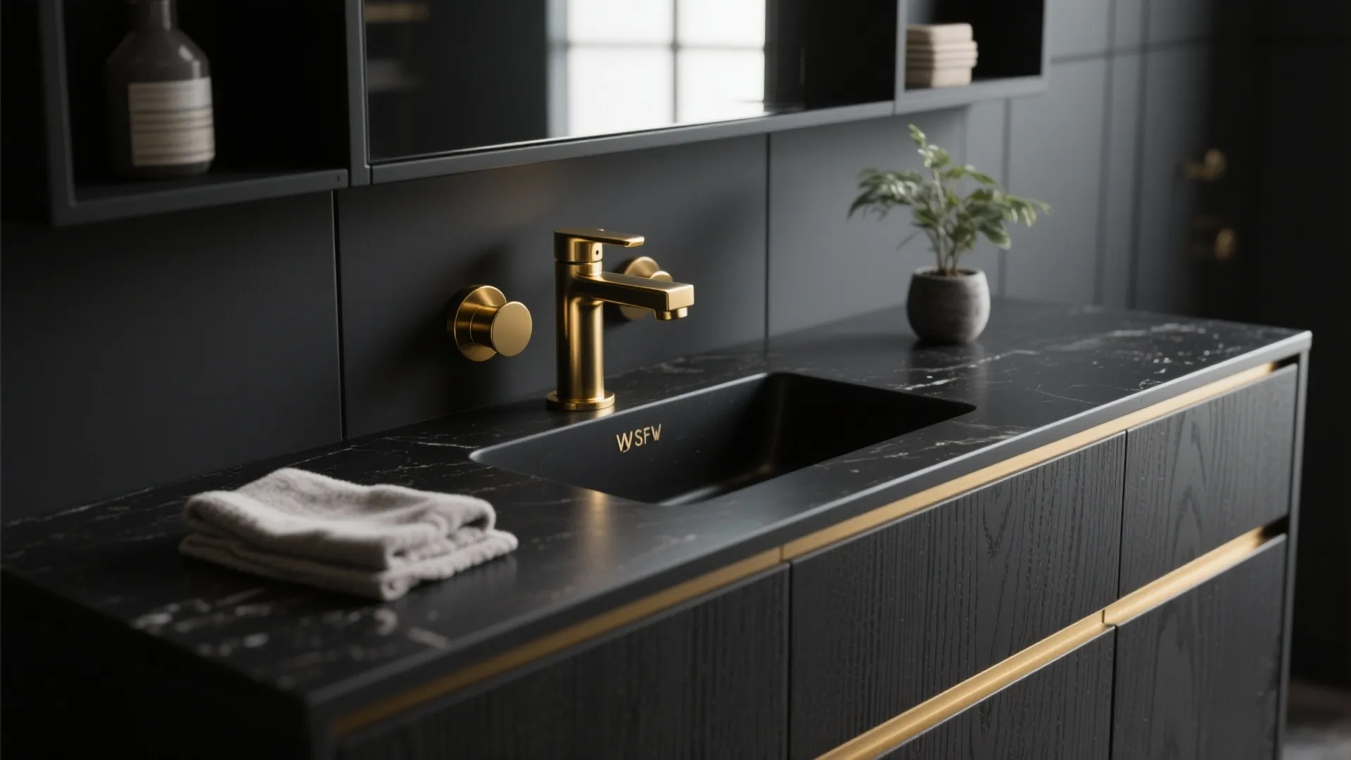Gold water tap on black marble countertop with dark wooden cabinet and small green plant