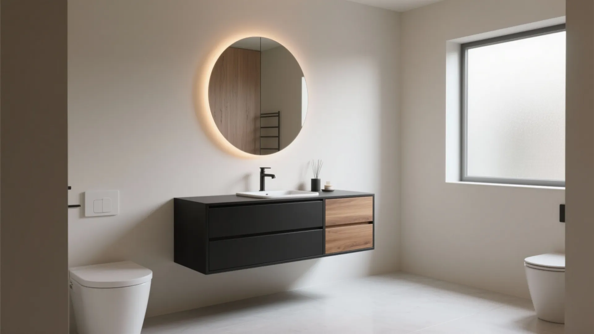 Modern bathroom with black and wood cabinet round mirror with light toilet and frosted window