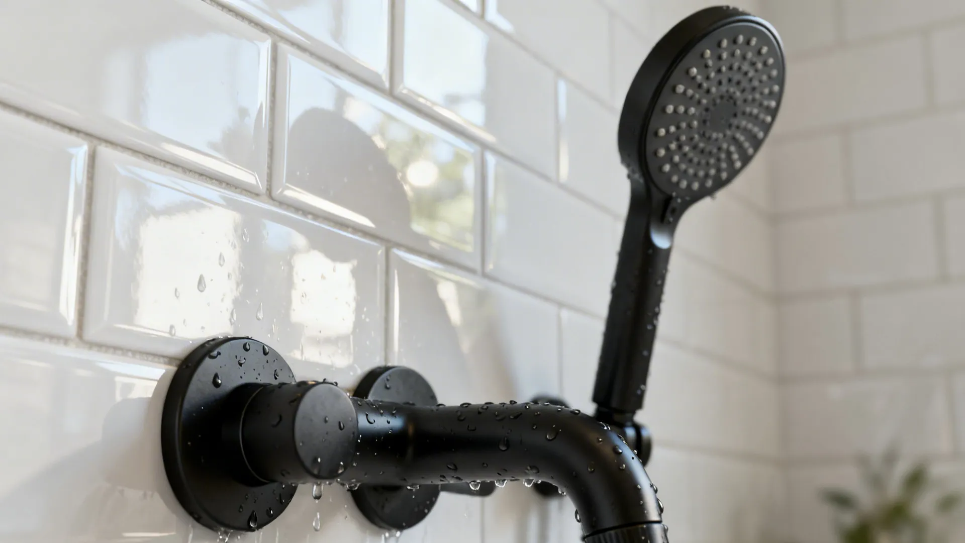 Matte black tap and showerhead against glossy white subway tiles with subtle reflections.