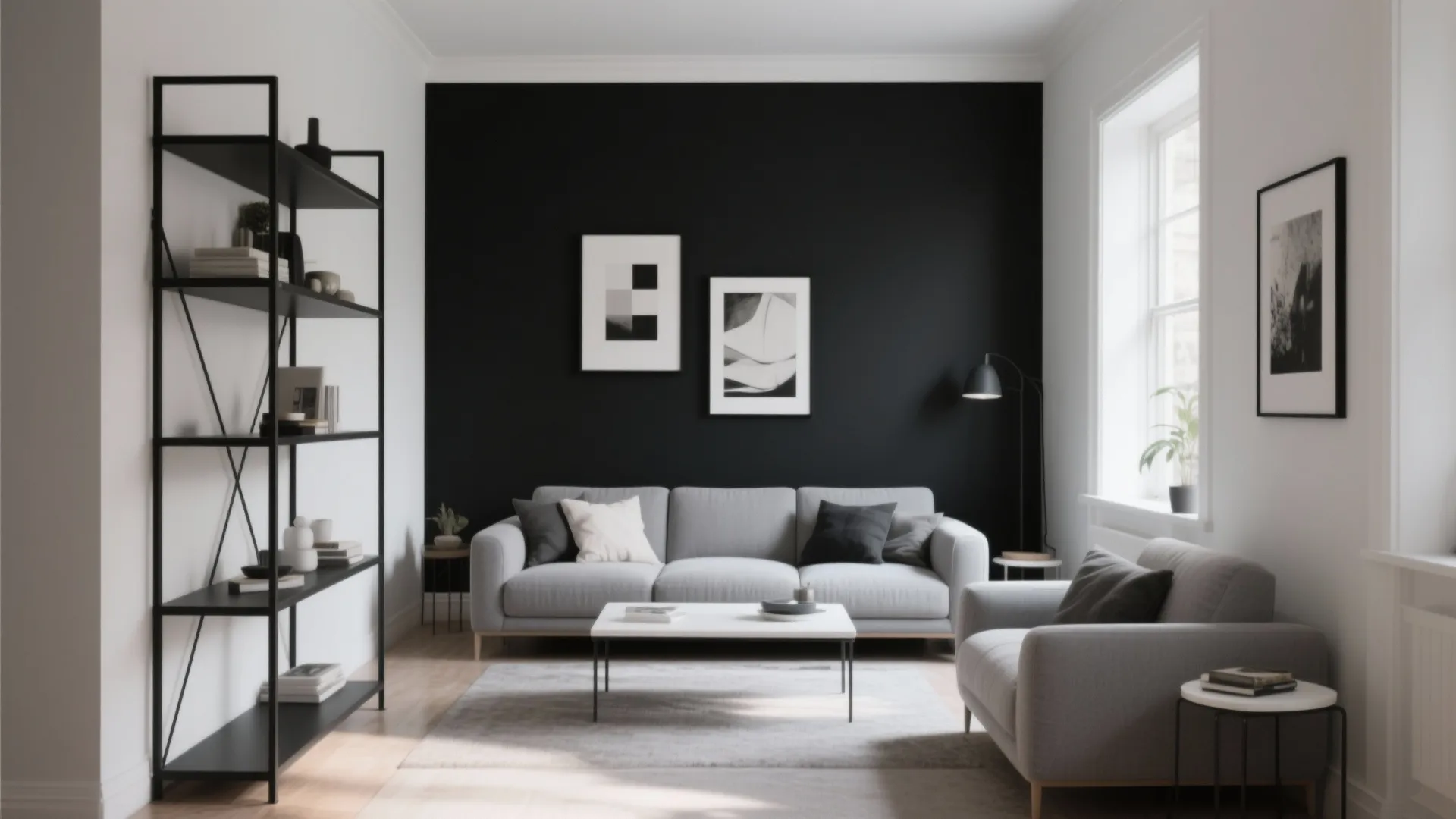 Modern living room featuring a matte black wall with grey sofa and black metal bookshelf