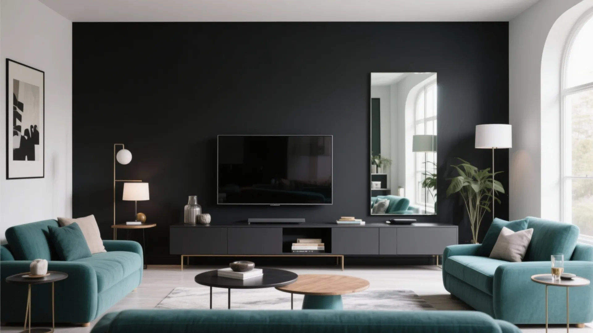 Minimalist living room with matte black wall television cabinet teal sofas floor lamp and mirror