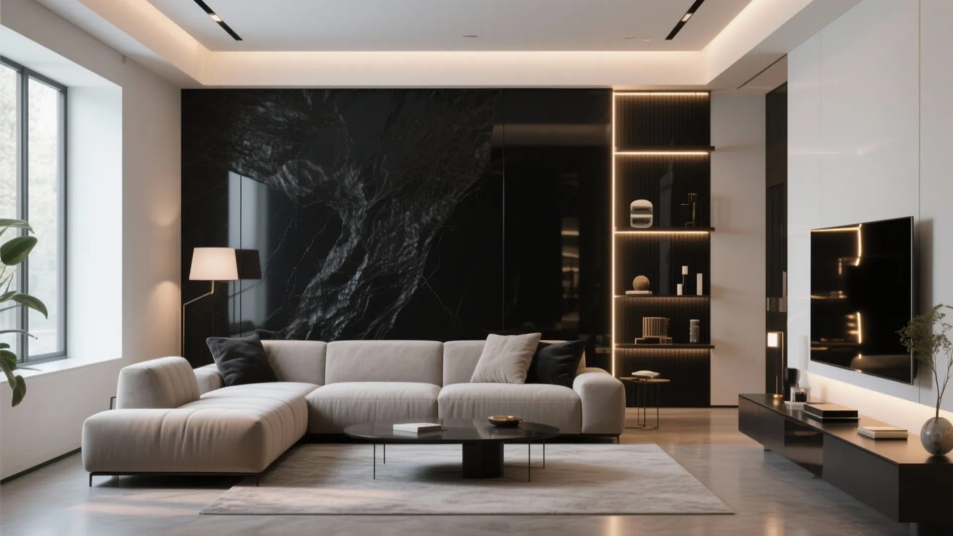 Modern living room featuring a black marble wall with integrated lighting and a beige sofa