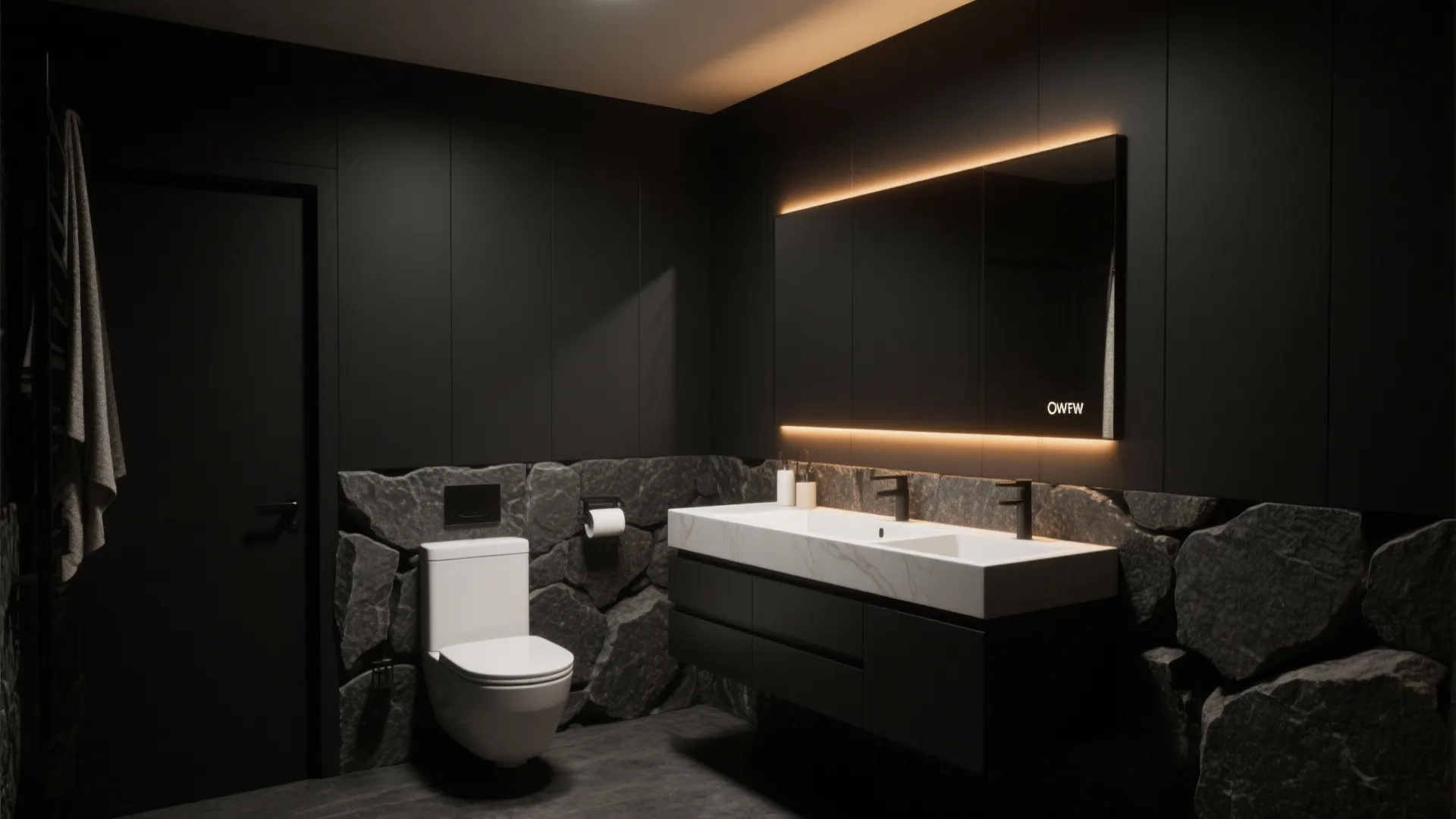 1. Matte Black Walls with Warm Lighting