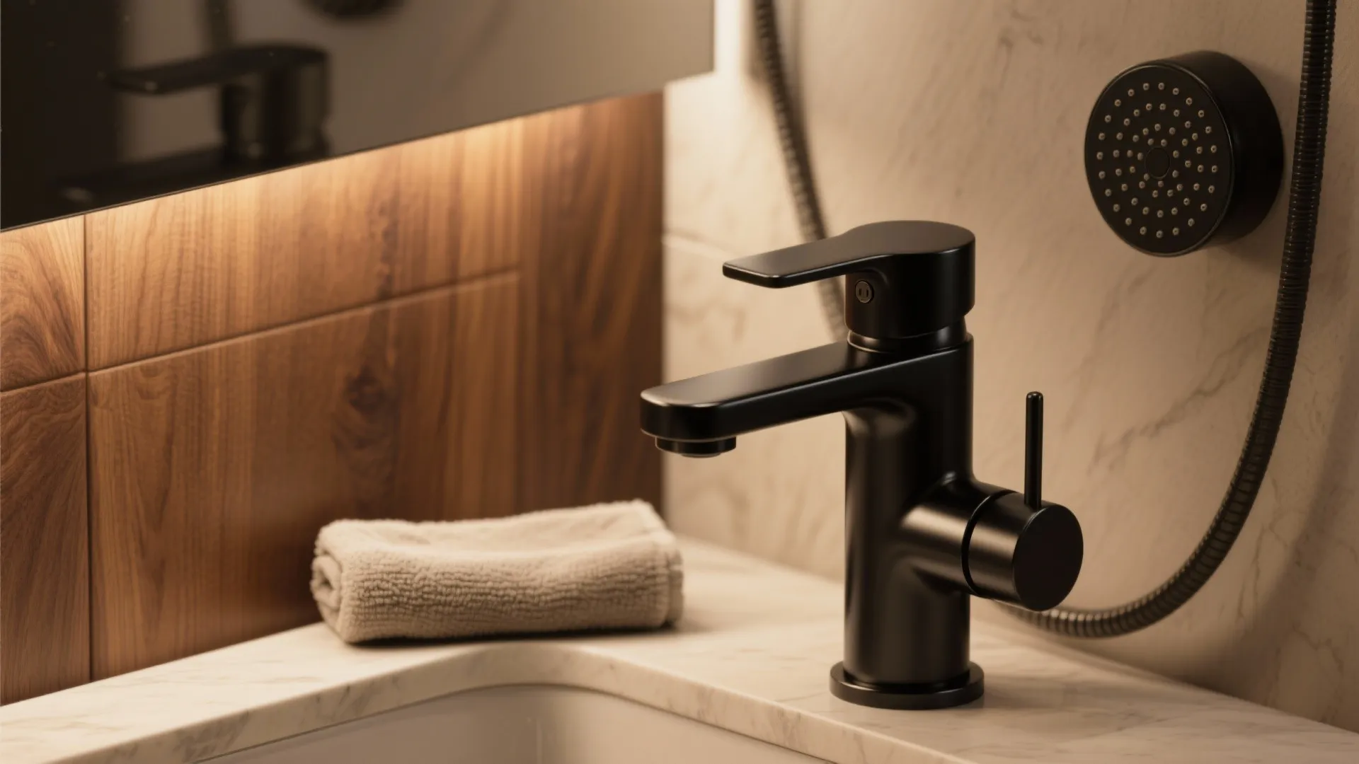 1. Matte Black Fixtures + Warm Walnut Vanity