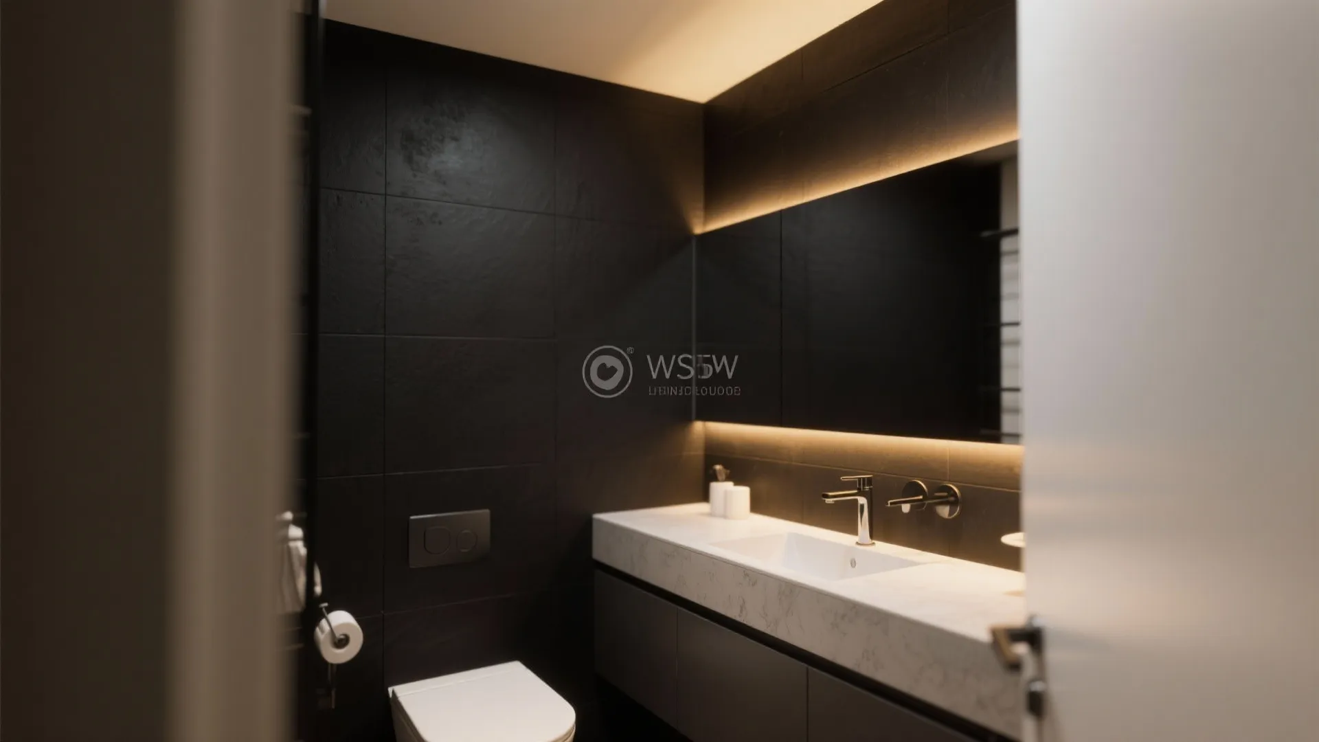 Modern dark bathroom with black wall tiles white marble sink warm light fixture and toilet