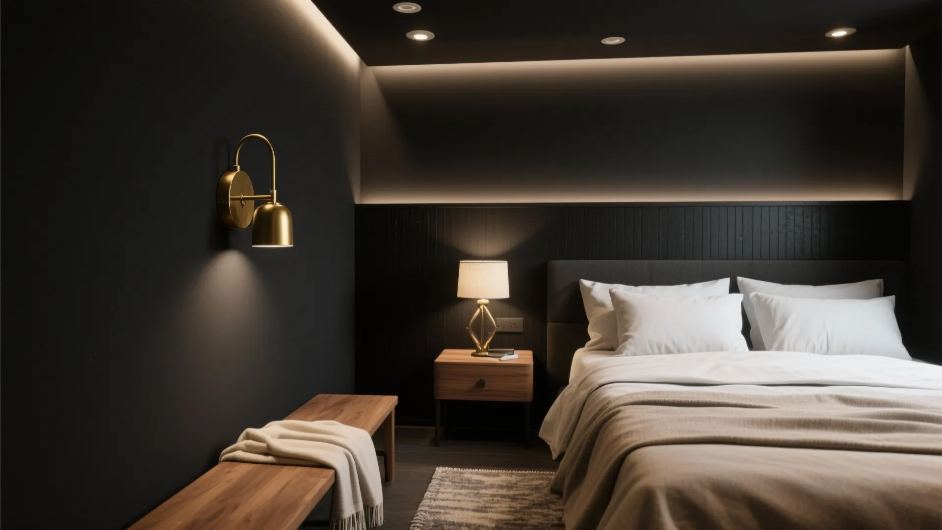 1. Matte black walls with warm accents