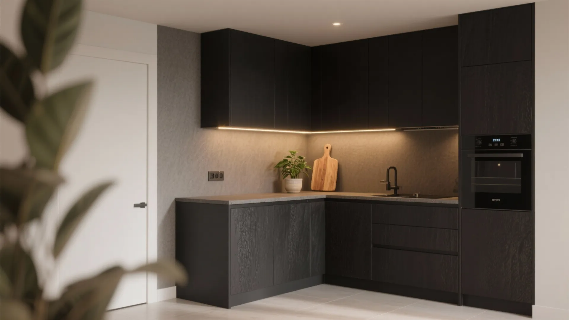 1. Matte black cabinets + warm gray walls