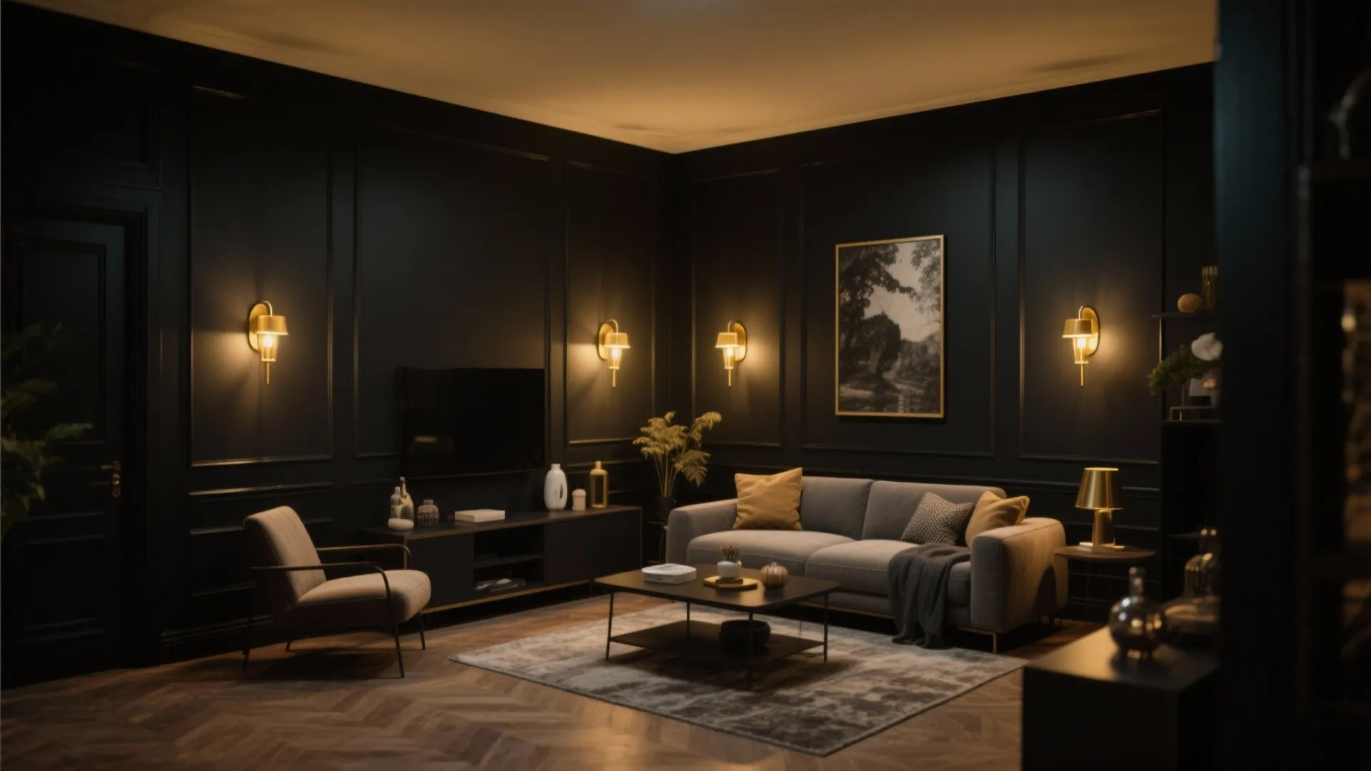 2. Matte Black Walls with Warm Lighting