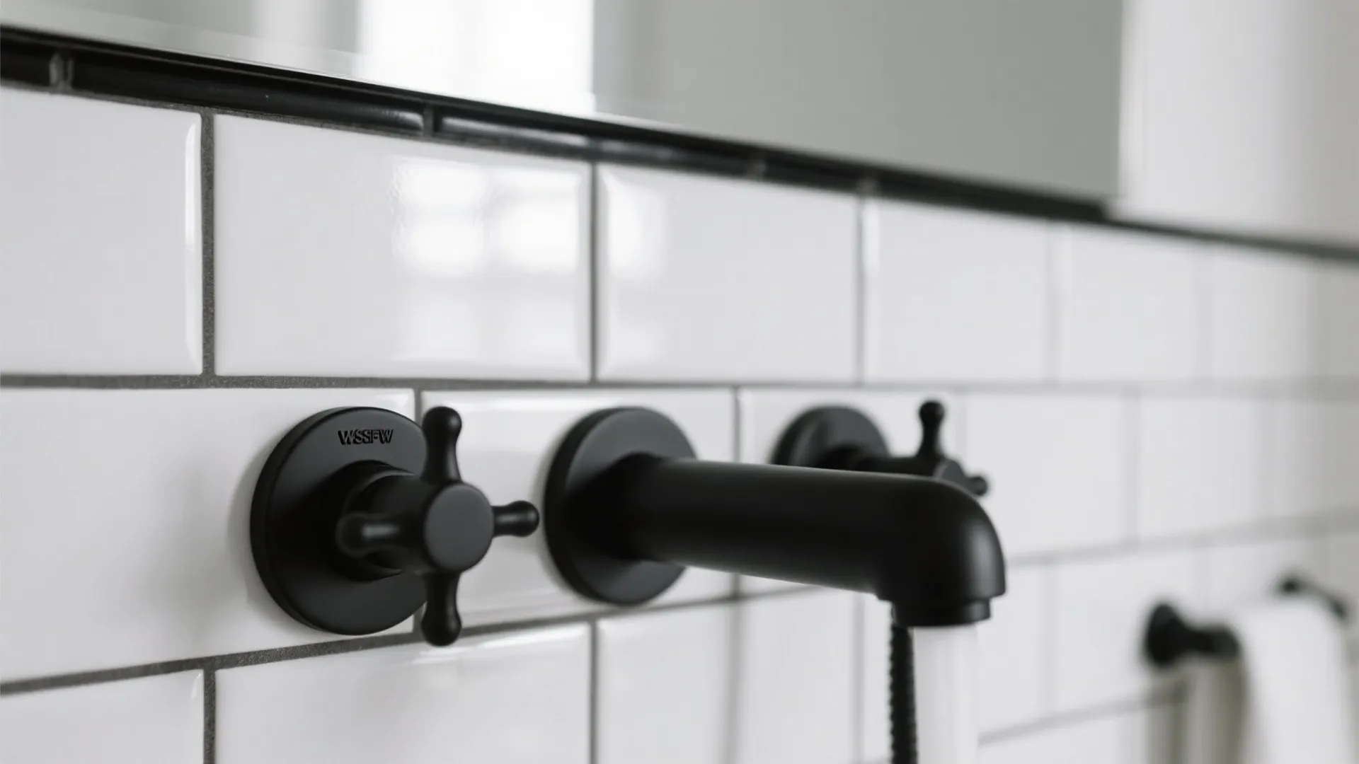 Close up of matte black water tap installed on white subway tile wall in modern bathroom