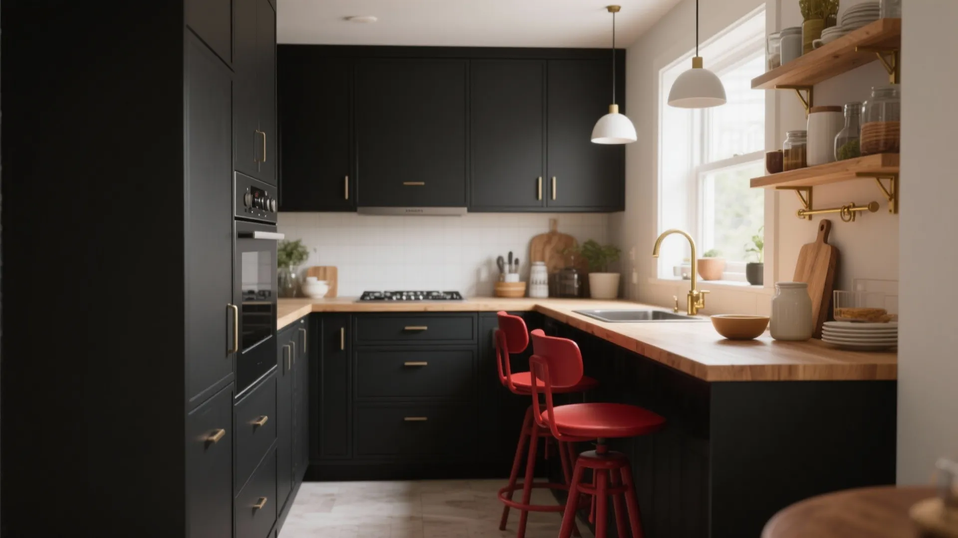 1. Anchor with Matte Black Cabinets and Red Accents