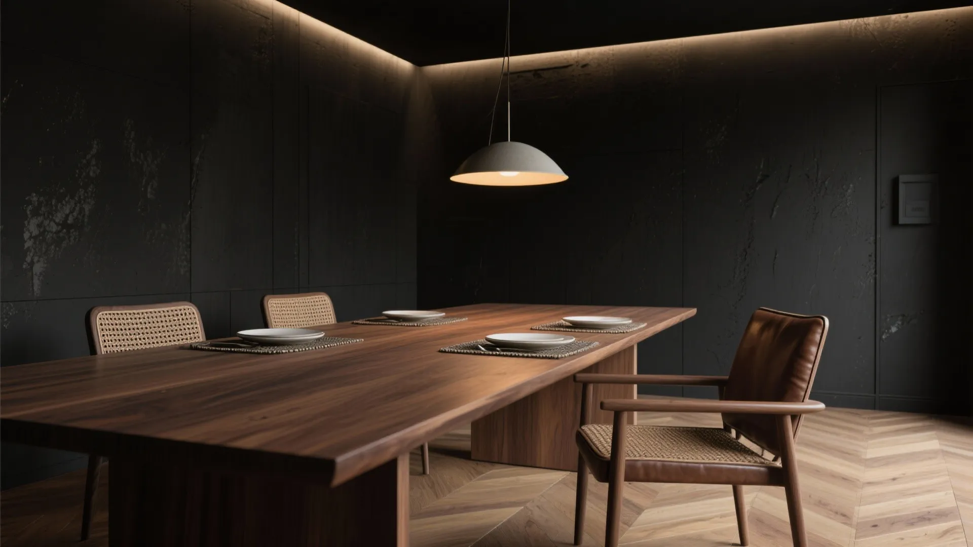 2. Matte Black Walls and Warm Wood Accents